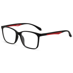 ANRRI blue light blocking glasses front view with black frame and red temples for digital eye strain relief.