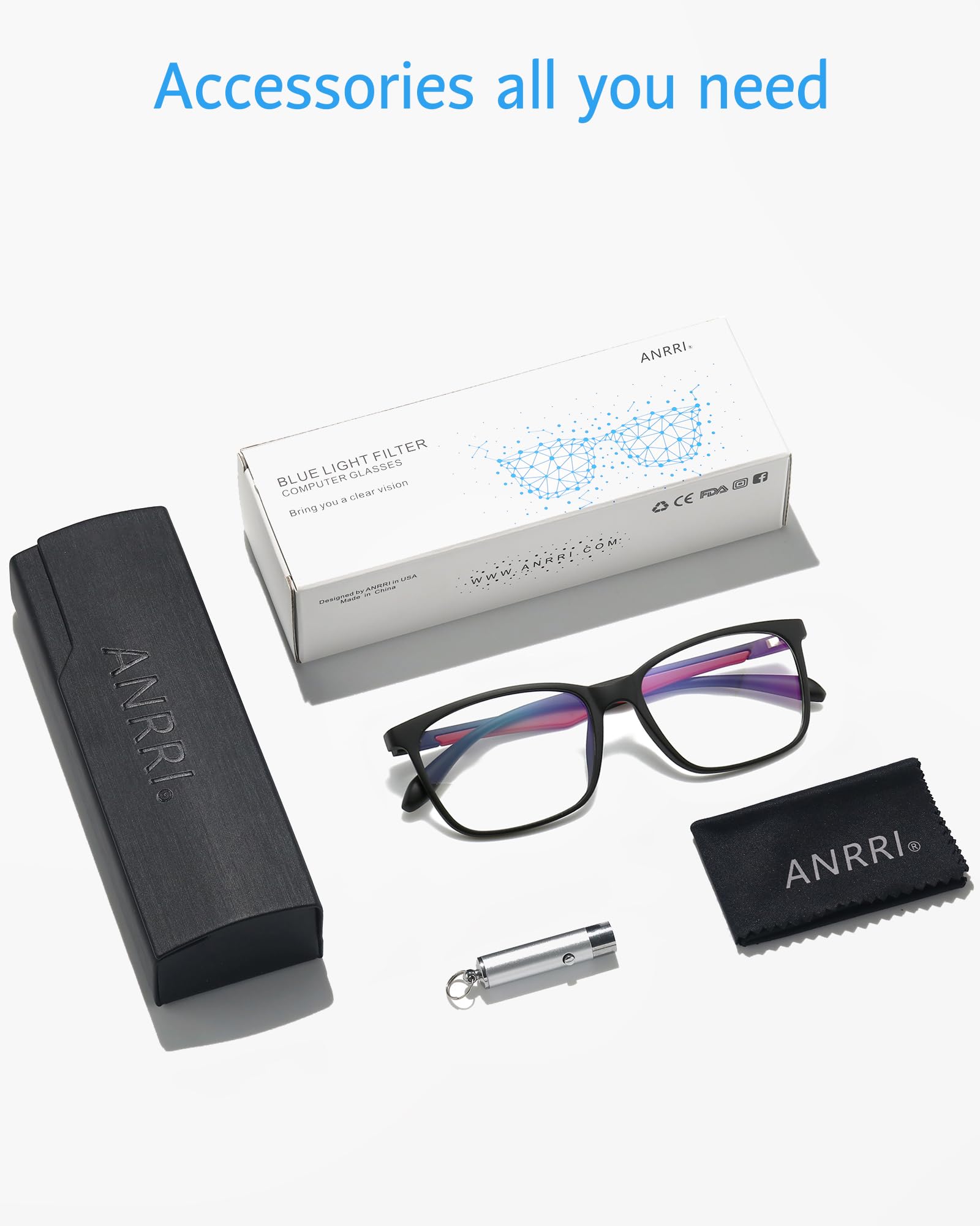 ANRRI blue light blocking glasses lens detail with red temple accent.