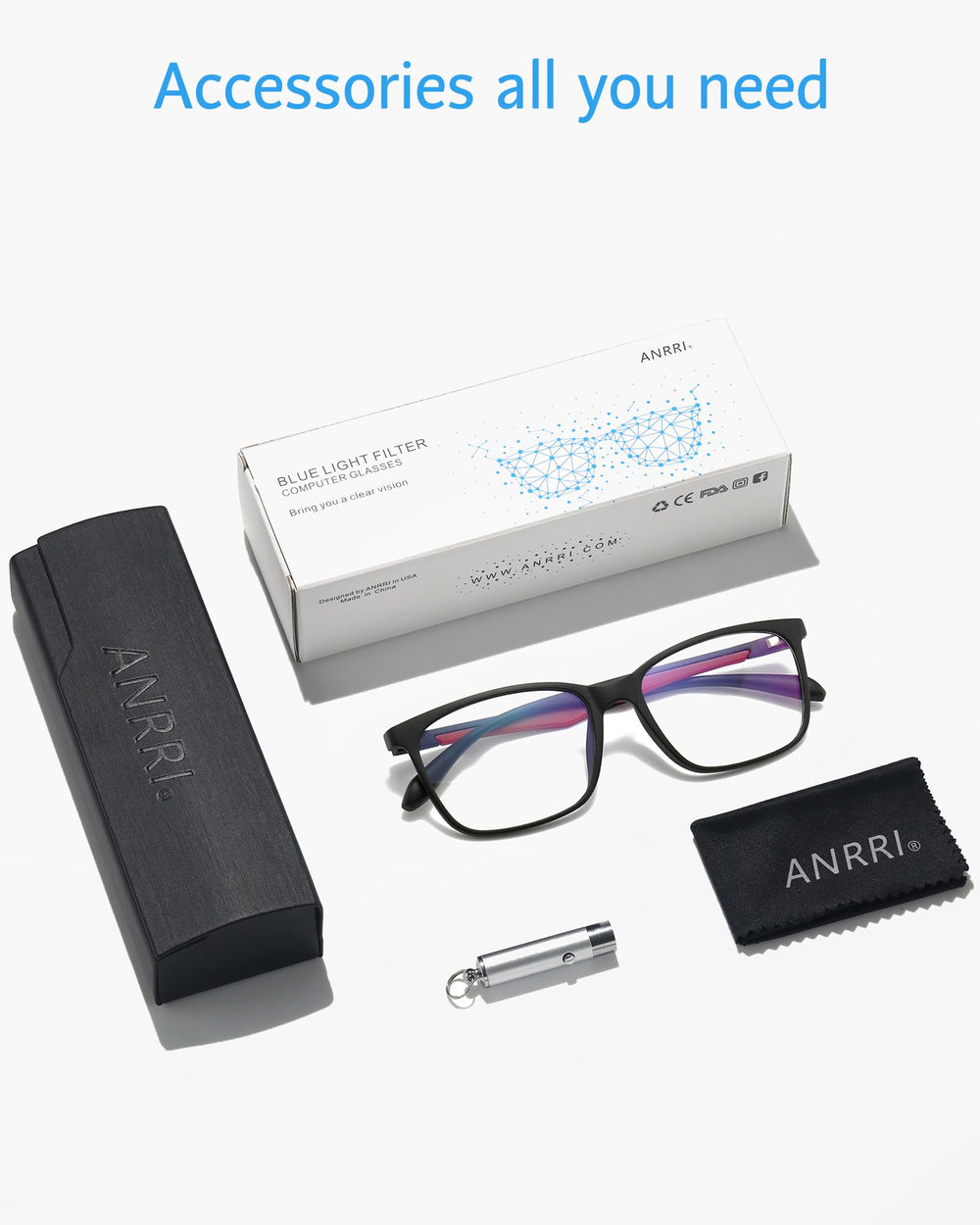 ANRRI blue light blocking glasses lens detail with red temple accent.