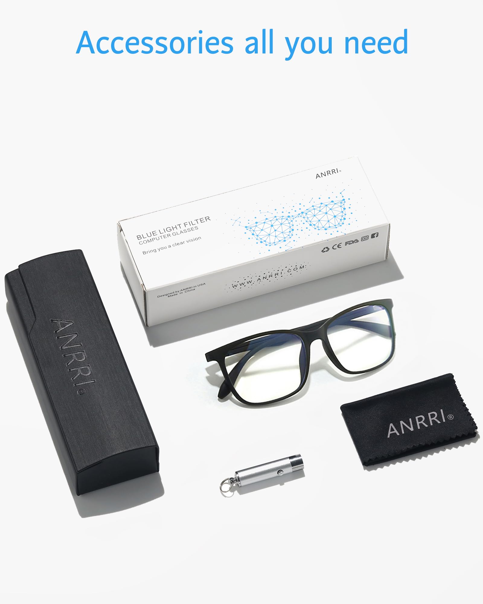 ANRRI blue light blocking glasses packaging, includes lifetime warranty info