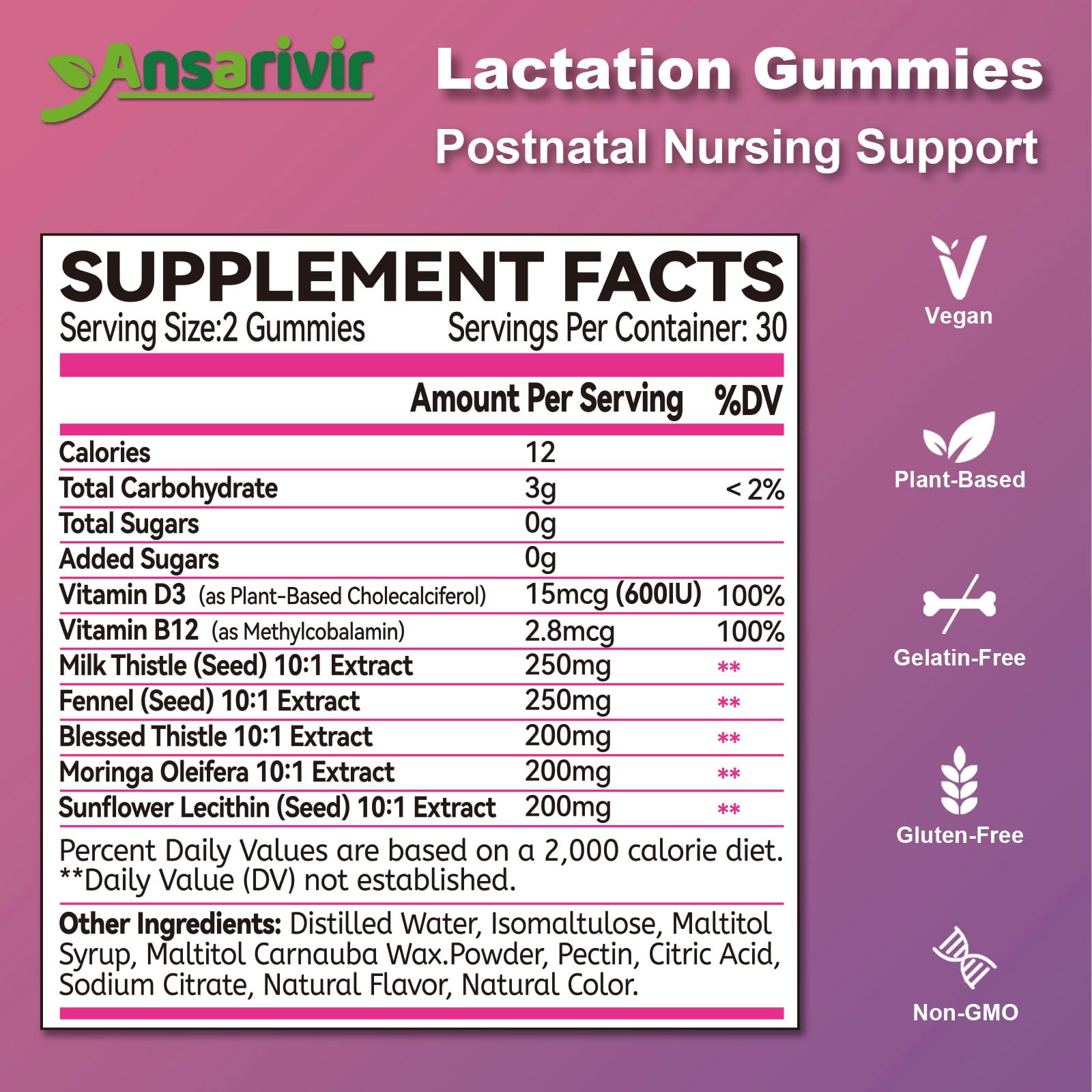 Ansarivir lactation gummies bottle close-up for easy daily nutrient intake.