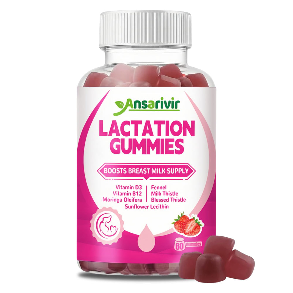 Ansarivir lactation gummies bottle with strawberry flavor supporting gentle breastfeeding routines.