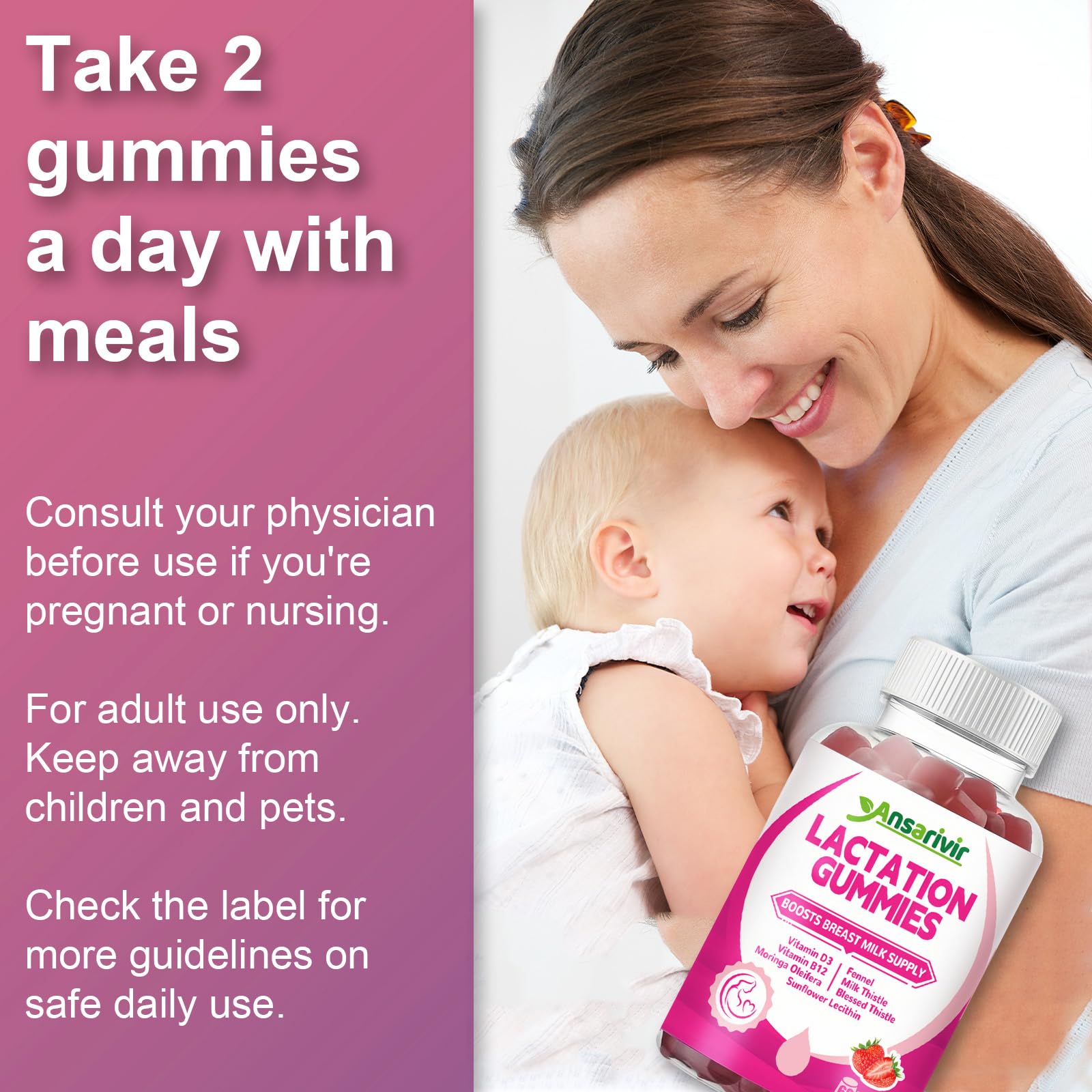 Ansarivir lactation gummies with D3 and B12 for mood and bone wellness.