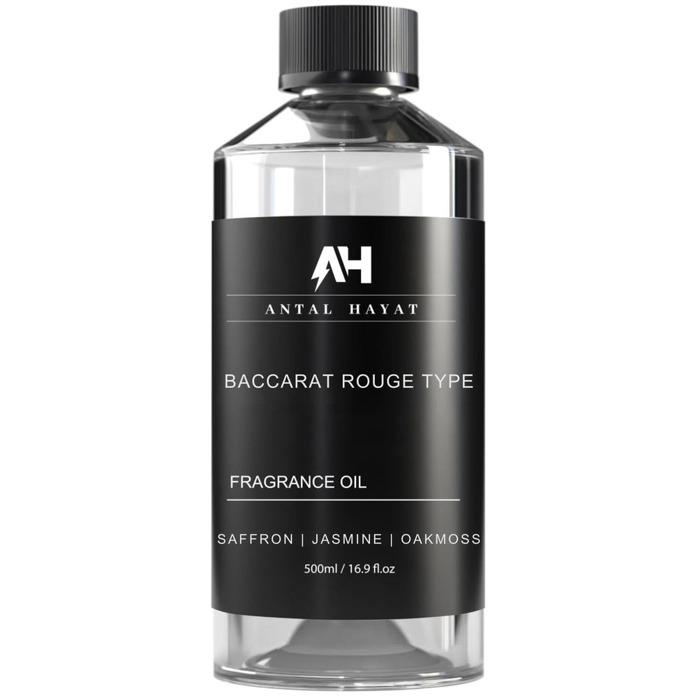 Antal Hayat Baccarat Rouge diffuser oil 500ml bottle glows warmly for a refined home ambience.