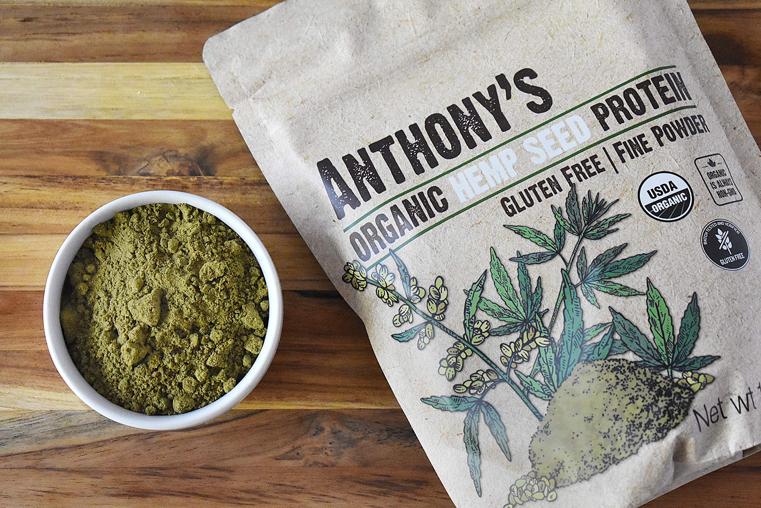 Anthony's hemp protein powder packaging emphasizes vegan and non-GMO.