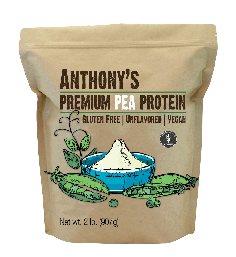 Anthony's Premium Pea Protein bottle pour—unflavored powder for customizable shakes.