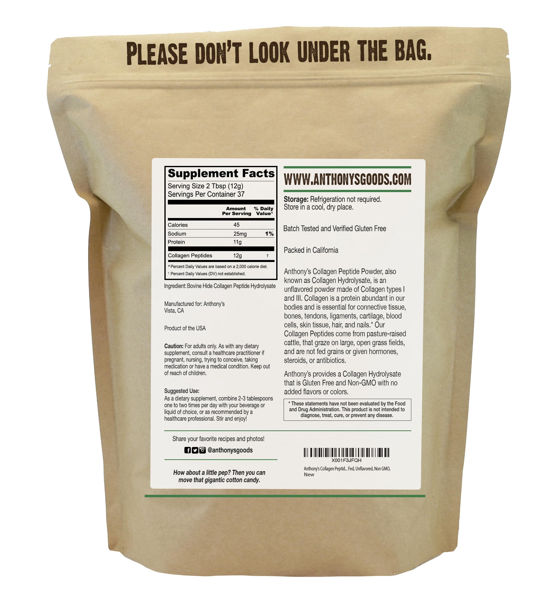 Anthony's Collagen Peptide Powder scoop in jar for easy portioning and mixing.