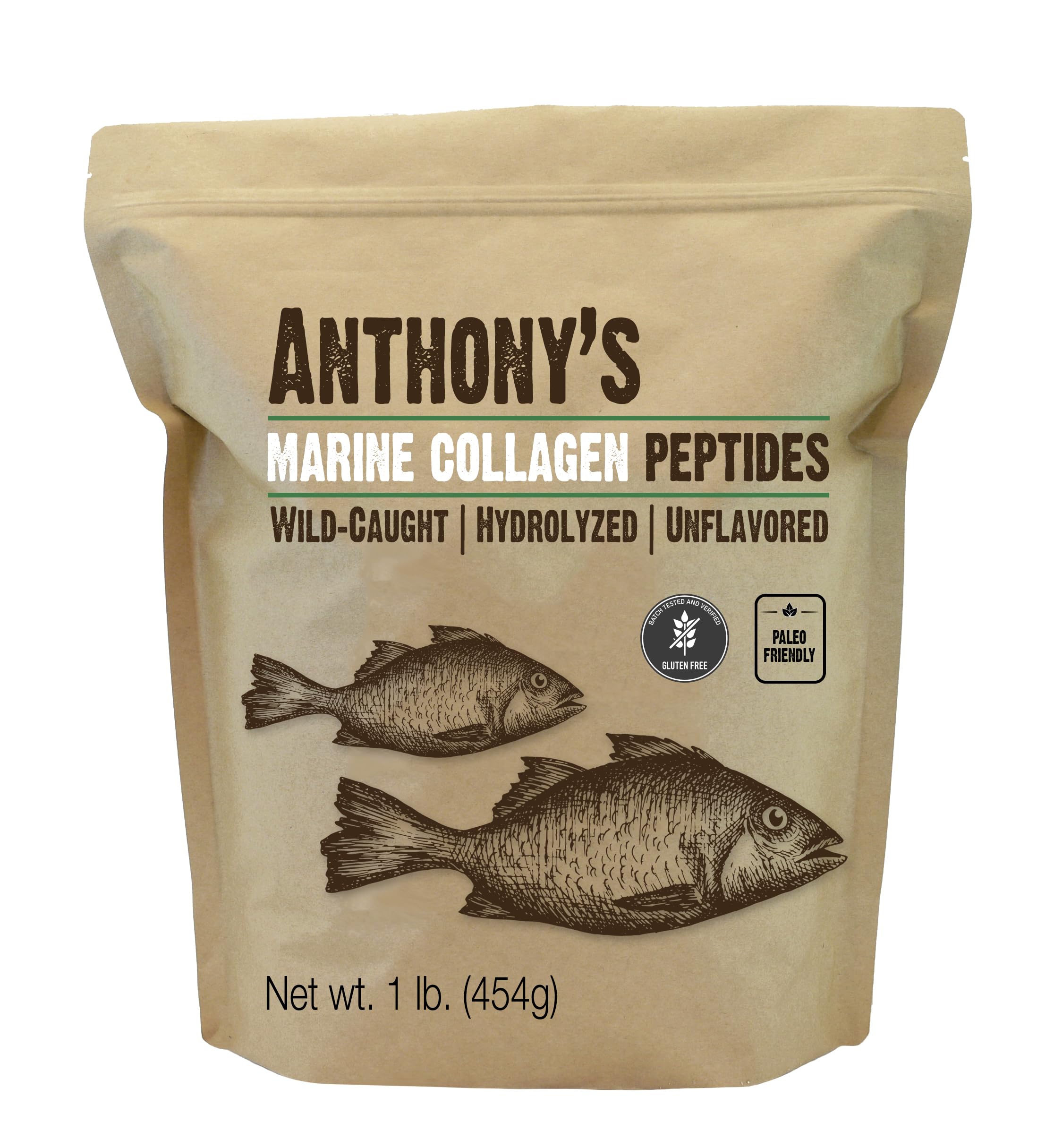 Anthony's hydrolyzed marine collagen peptides on a scoop, boosts daily protein for coffee, smoothies, and sauces.
