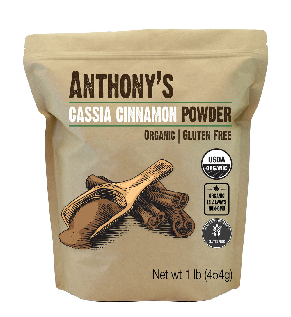Anthony's Organic Cassia Cinnamon Powder bottle for baking and rich aroma.