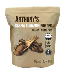 Anthony's Organic Cassia Cinnamon Powder bottle for baking and rich aroma.