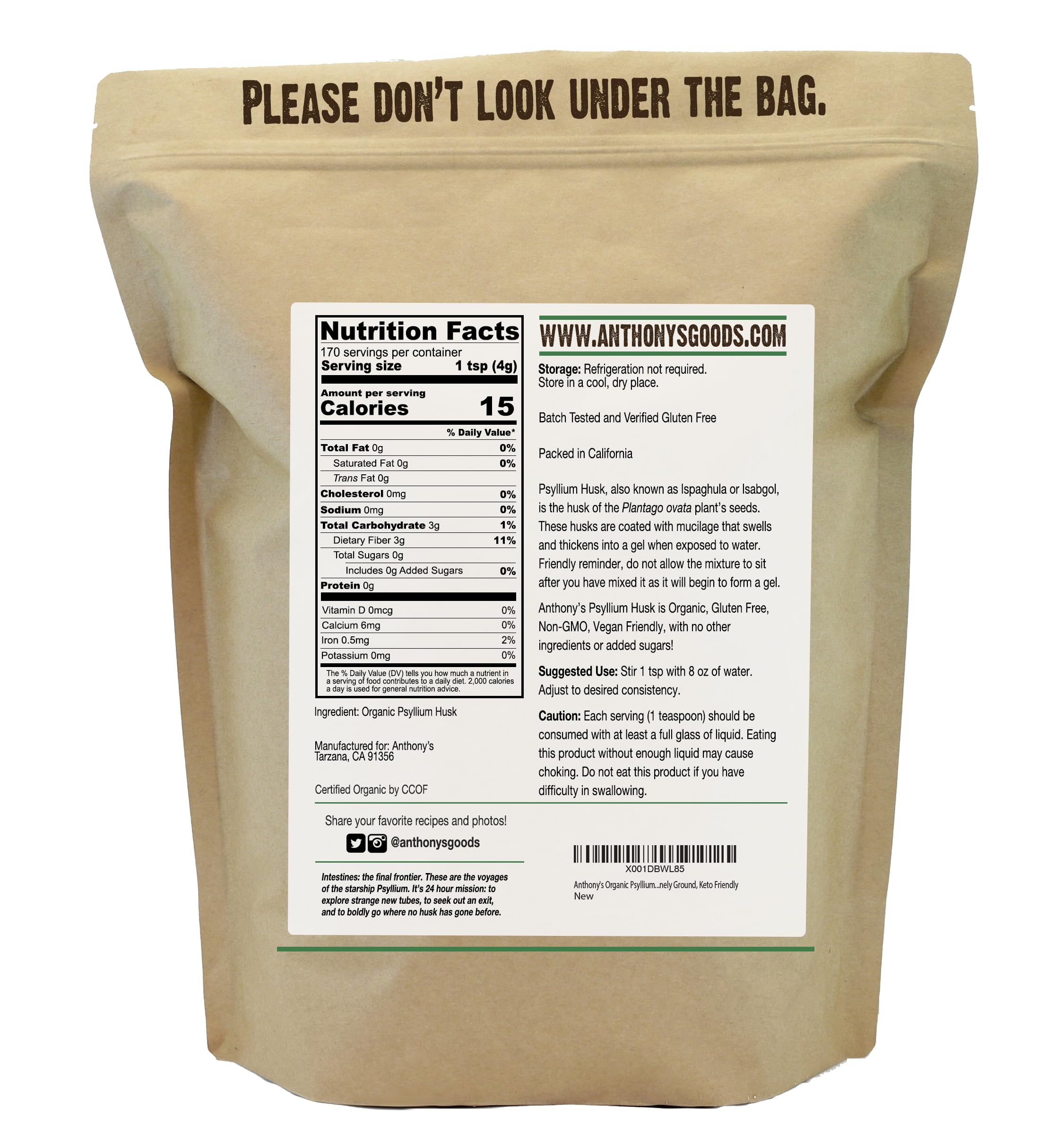 Anthony's psyllium husk powder bottle back, gluten free and non-GMO quality.