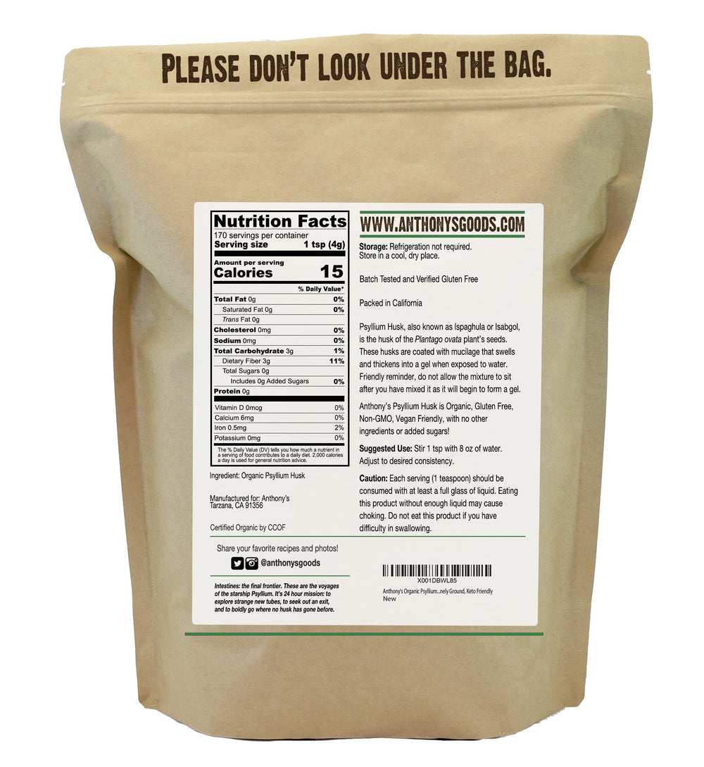 Anthony's psyllium husk powder bottle back, gluten free and non-GMO quality.