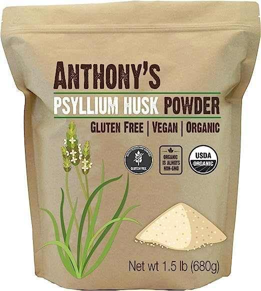 Anthony's psyllium husk powder pour, easy-to-mix into water or smoothies.