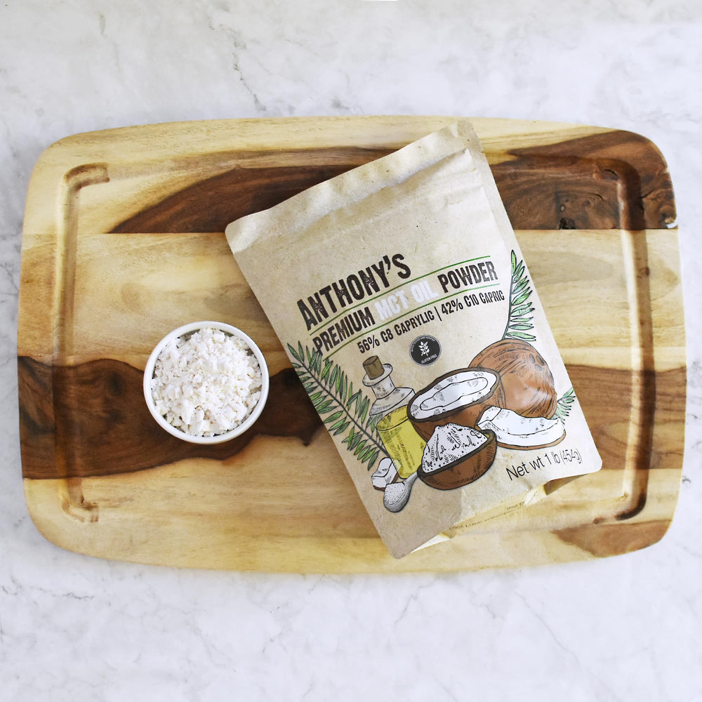 Packaging of Anthony's MCT Oil Powder for easy pantry storage
