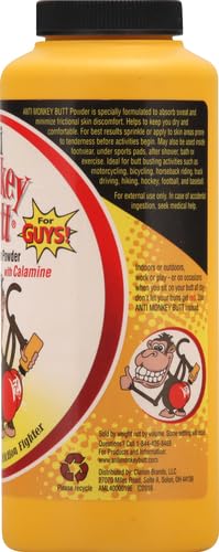 Anti Monkey Butt Calamine brand logo displayed with powder packaging.