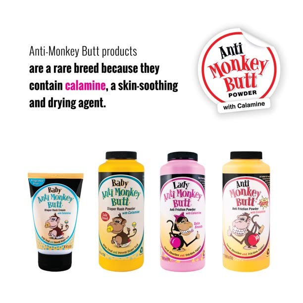 Anti Monkey Butt Lady Powder label detail emphasizes calamine and cornstarch blend.