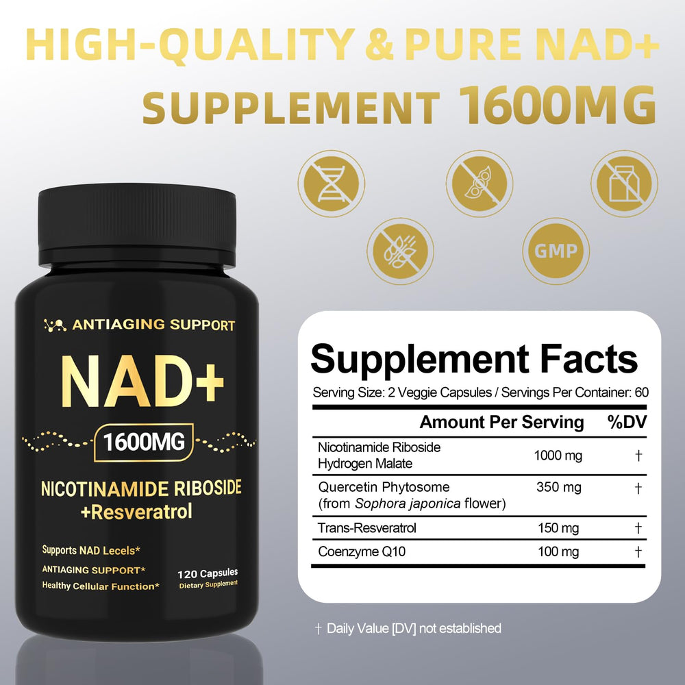 ANTIAGING SUPPORT NAD capsules arranged in a row signaling easy daily use