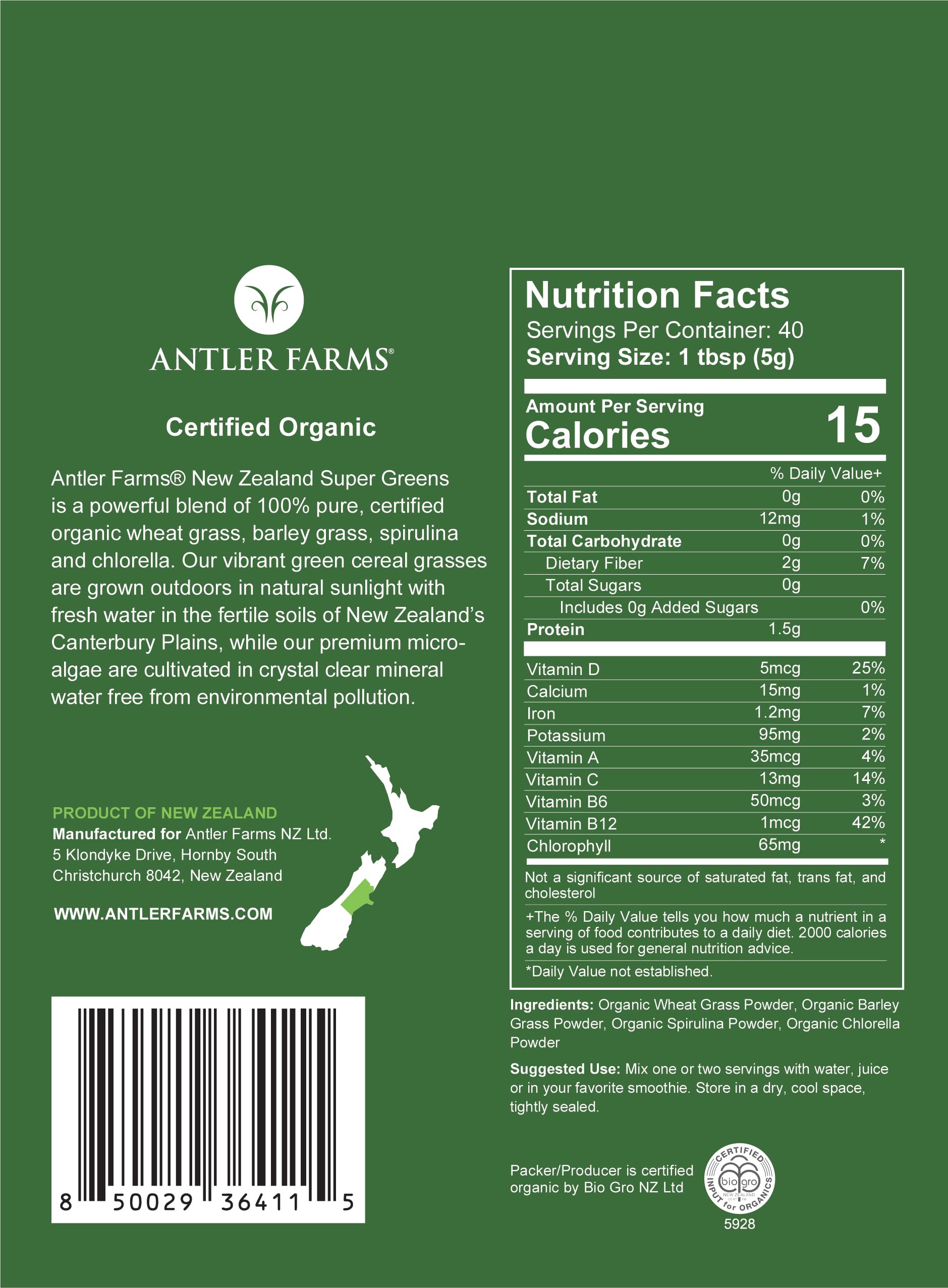 Scoop of Antler Farms greens powder ready to blend into smoothie