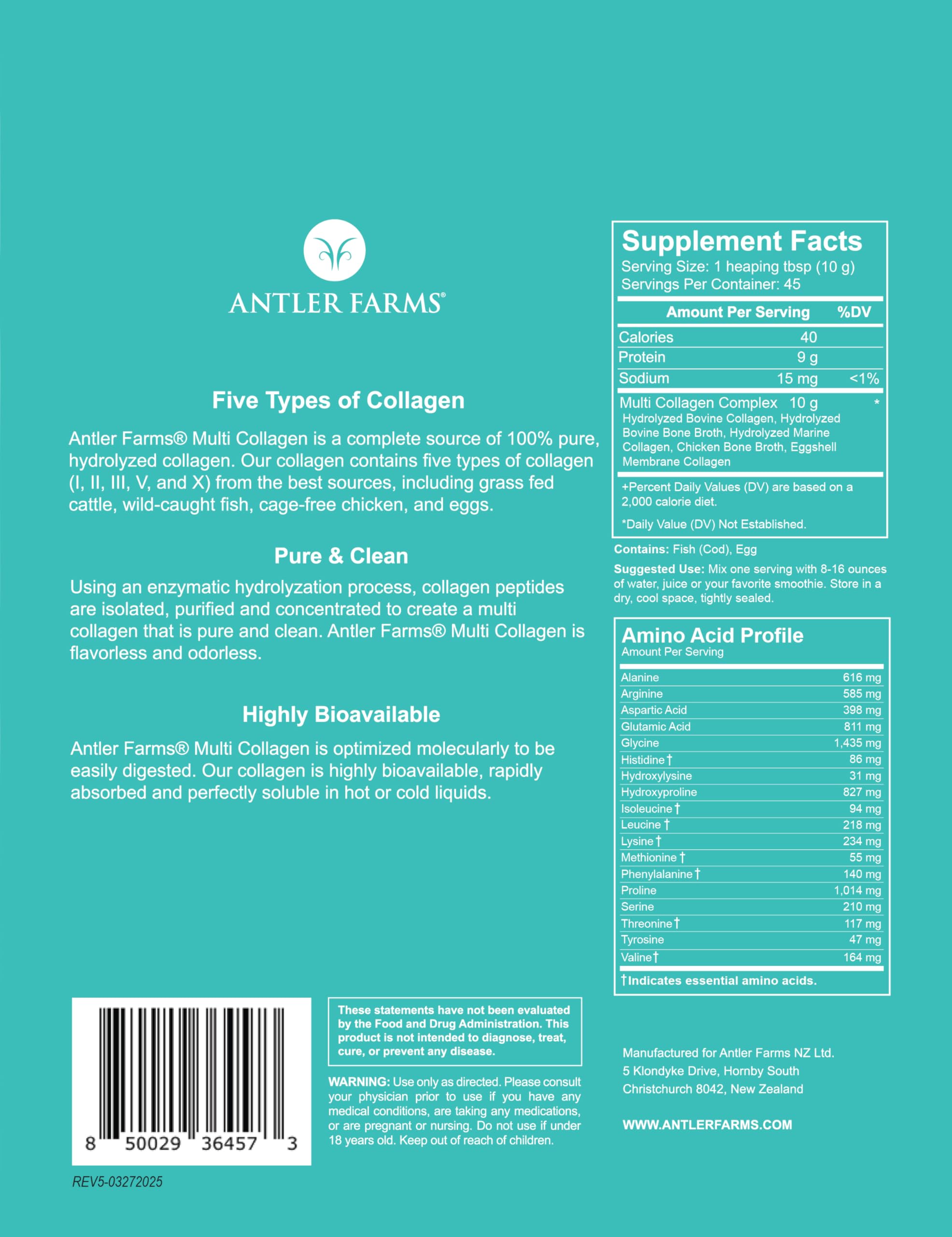Antler Farms label closeup showing five collagen types I–X for balanced support.