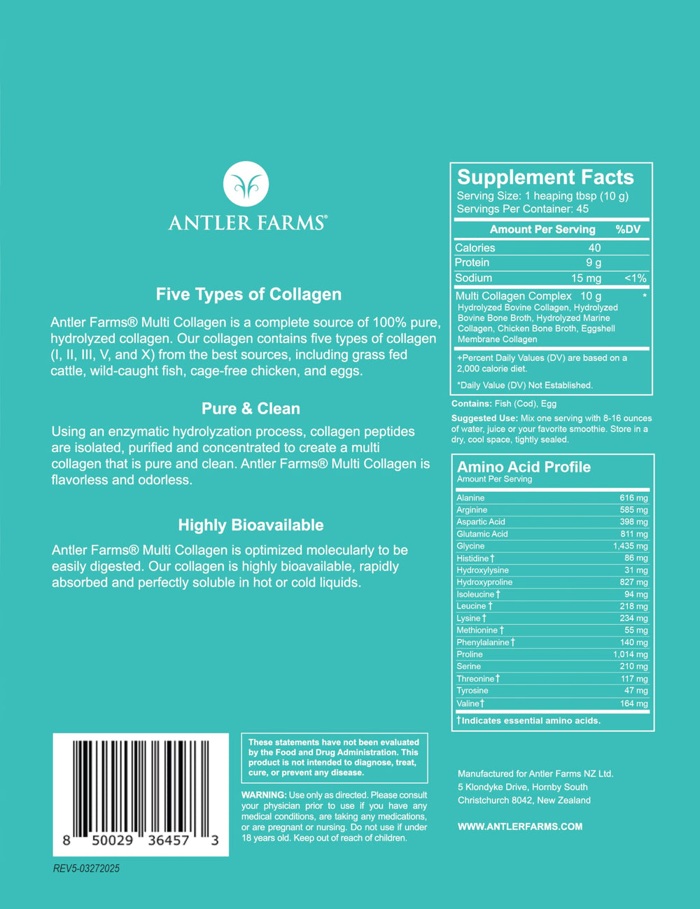 Antler Farms label closeup showing five collagen types I–X for balanced support.
