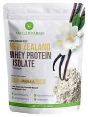 Antler Farms vanilla whey protein bottle shows clean ingredients and 26g protein per serving.