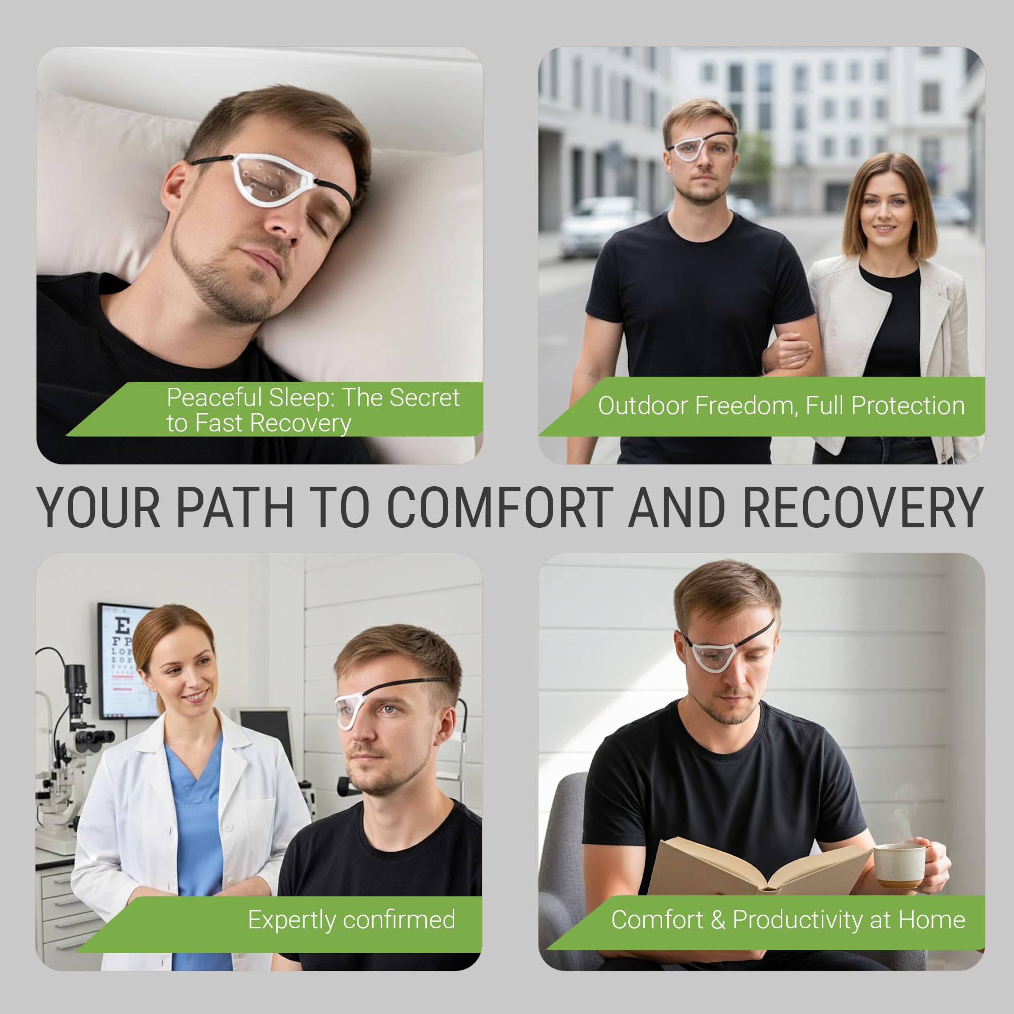 ANUDRA Eye Shield with a clear surface supports restful sleep after surgery.
