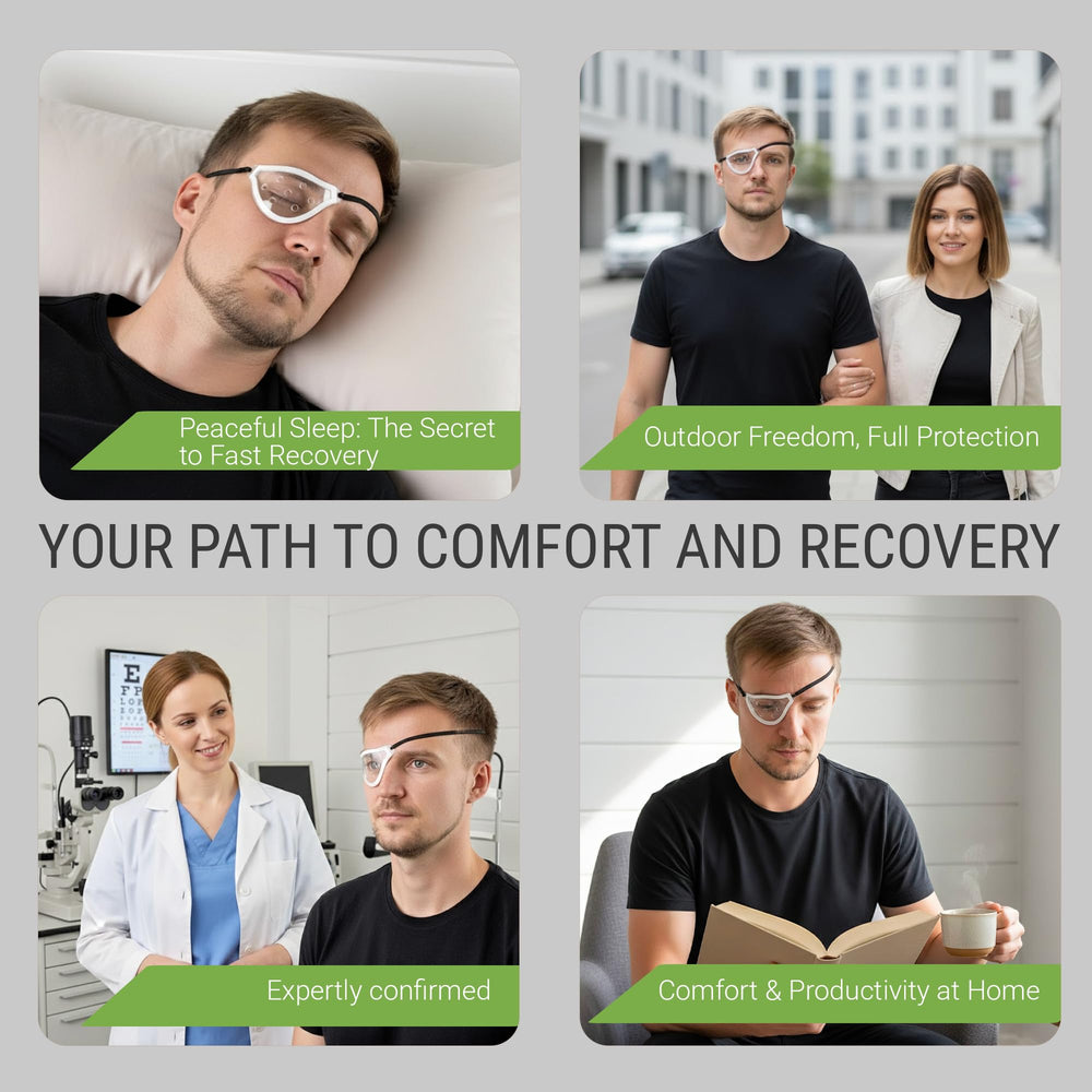 ANUDRA Eye Shield with a clear surface supports restful sleep after surgery.