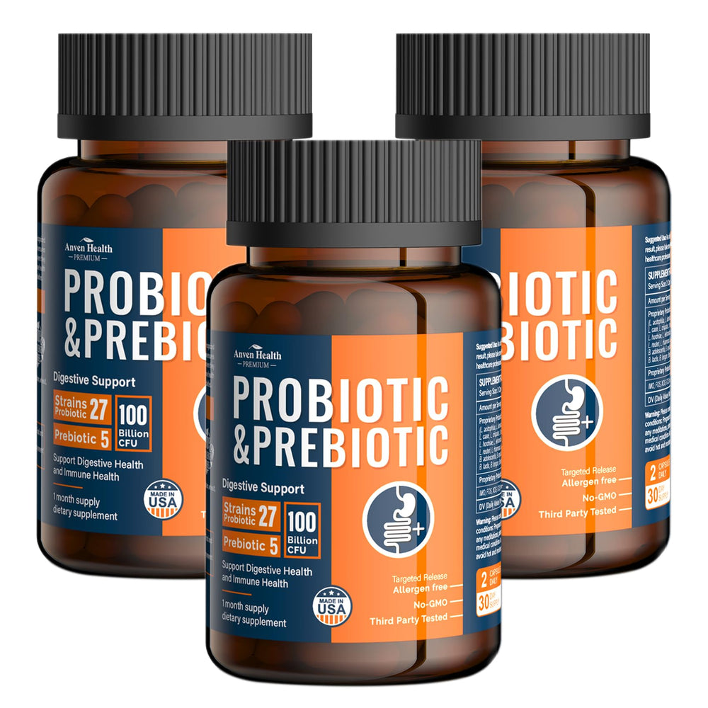 Anven Health 100 Billion Probiotics bottle highlights high-potency formula for digestive balance.