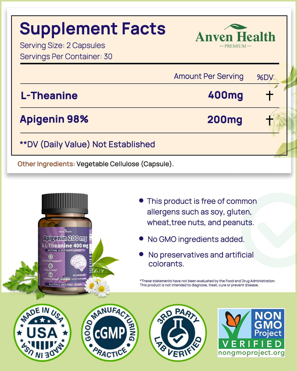 Anven Health Apigenin capsules highlight relaxation with gentler sleep onset.