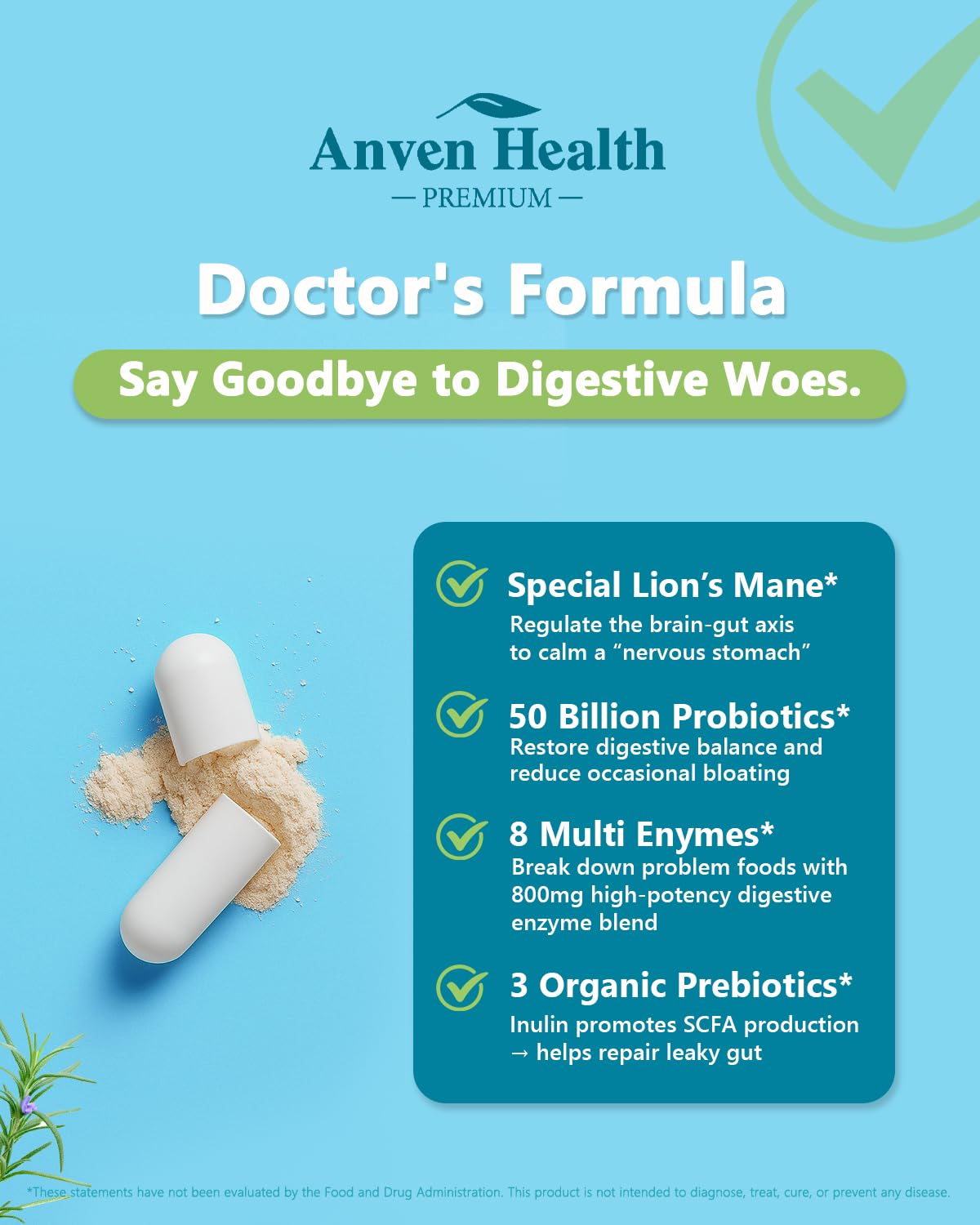 Anven Health bottle label highlighting probiotic and enzyme benefits