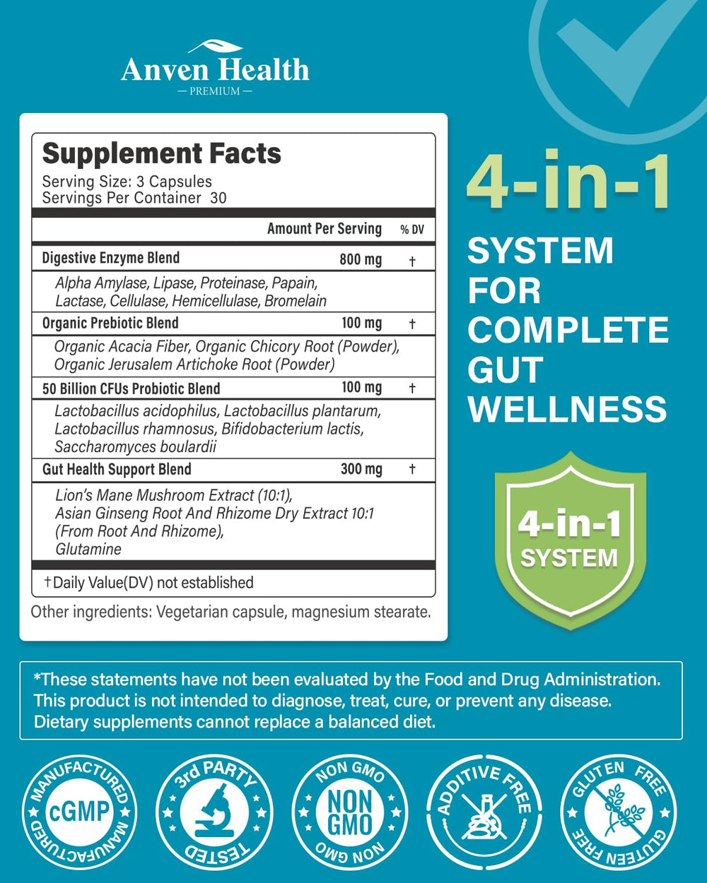 Closeup of Anven Health digestive enzymes capsules for easy dosing