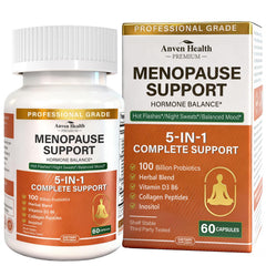 Anven Health menopause bottle front shows 5-in-1 formula for balanced comfort