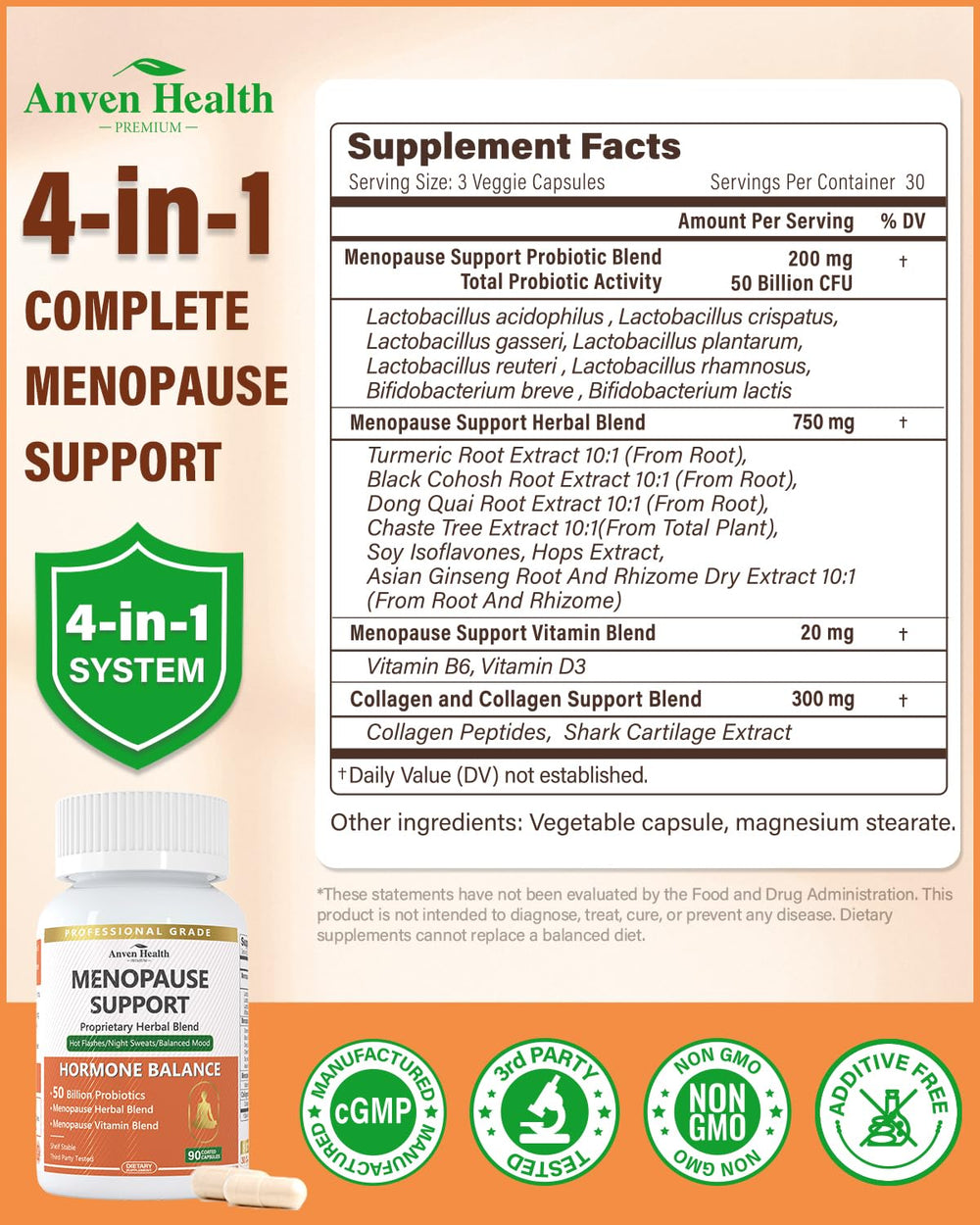 Anven Health menopause bottle label close-up highlights black cohosh and herbal balance