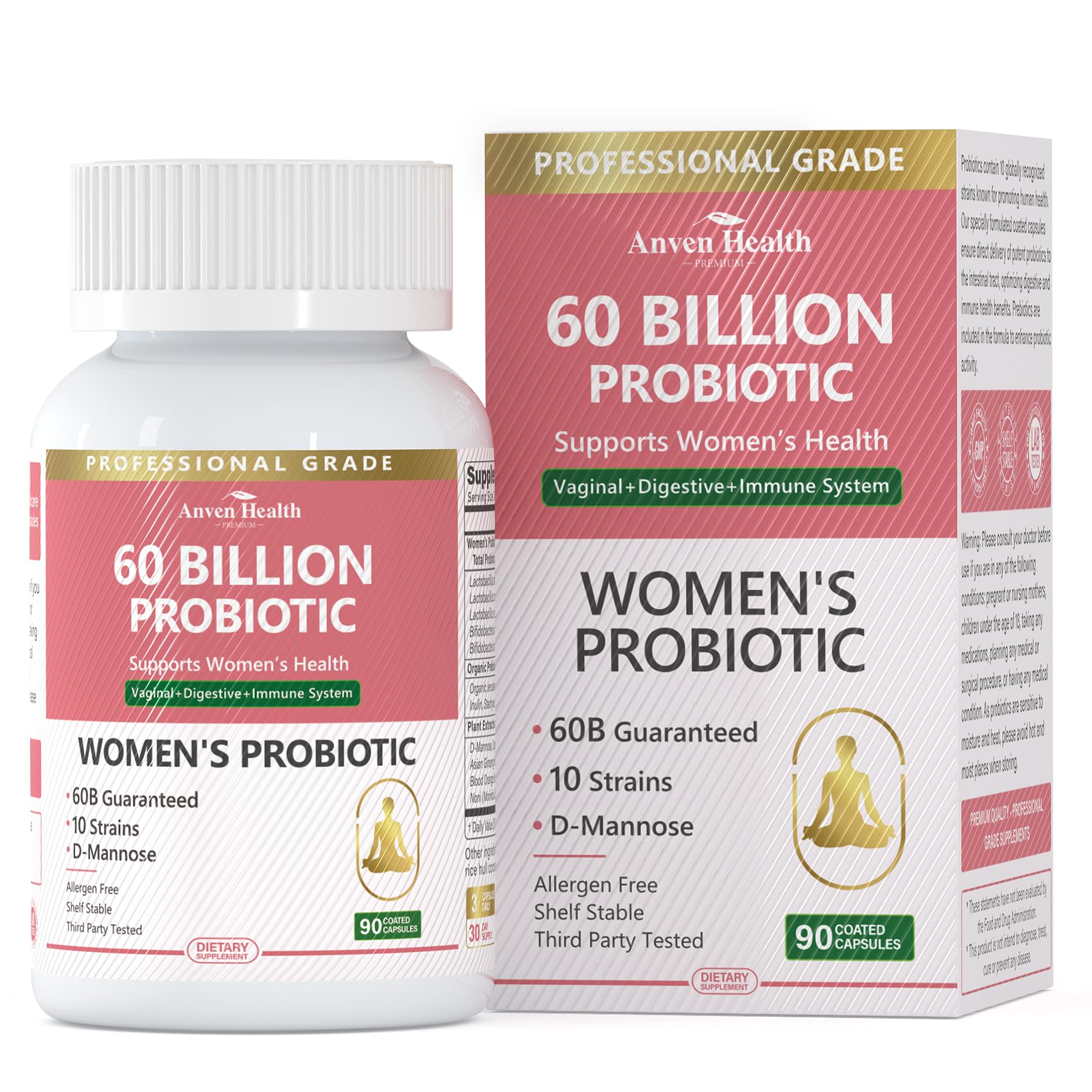 Anven Health probiotics bottle label shows 60 Billion CFU for balance.