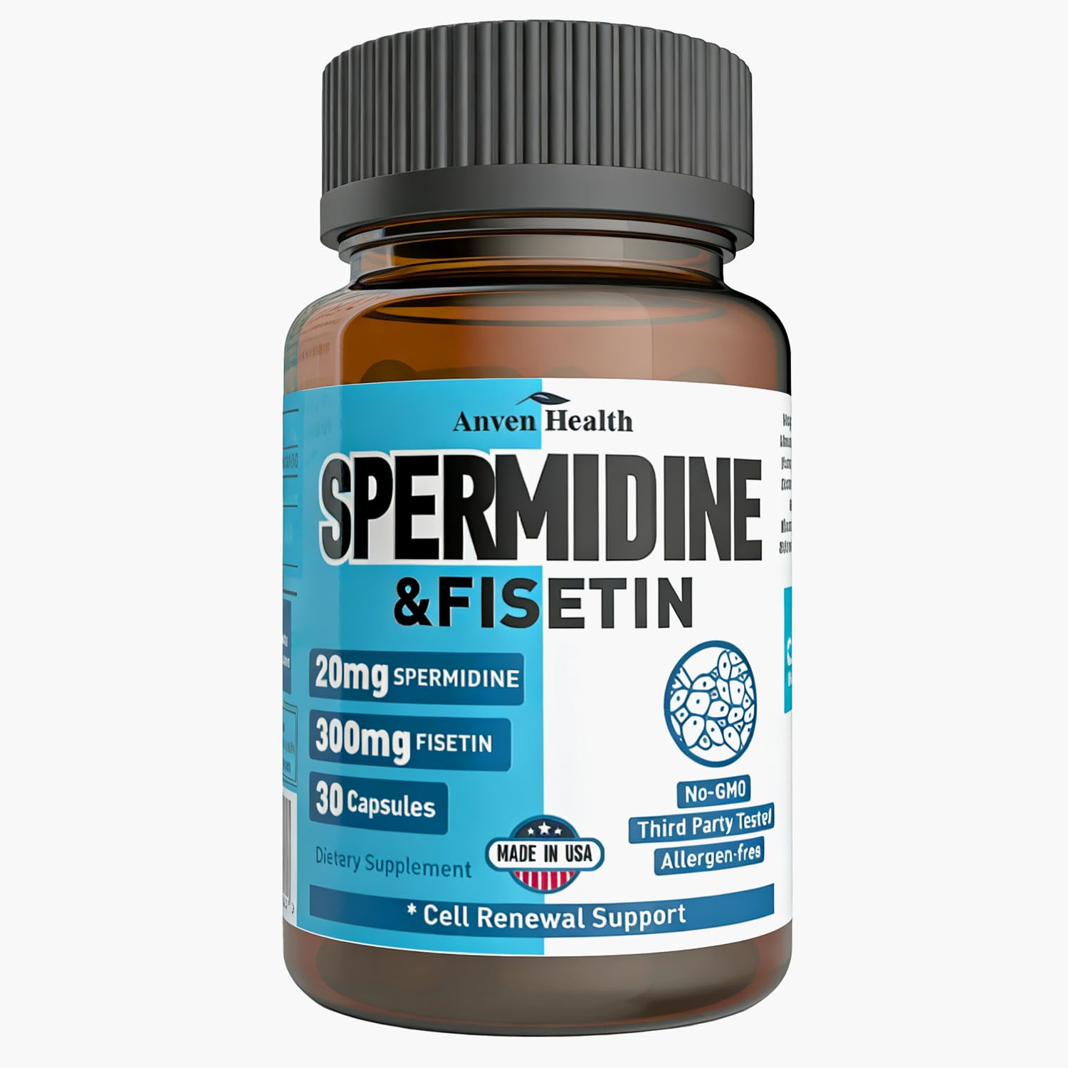 Anven Health Spermidine Fisetin bottle closeup for daily wellness routine.