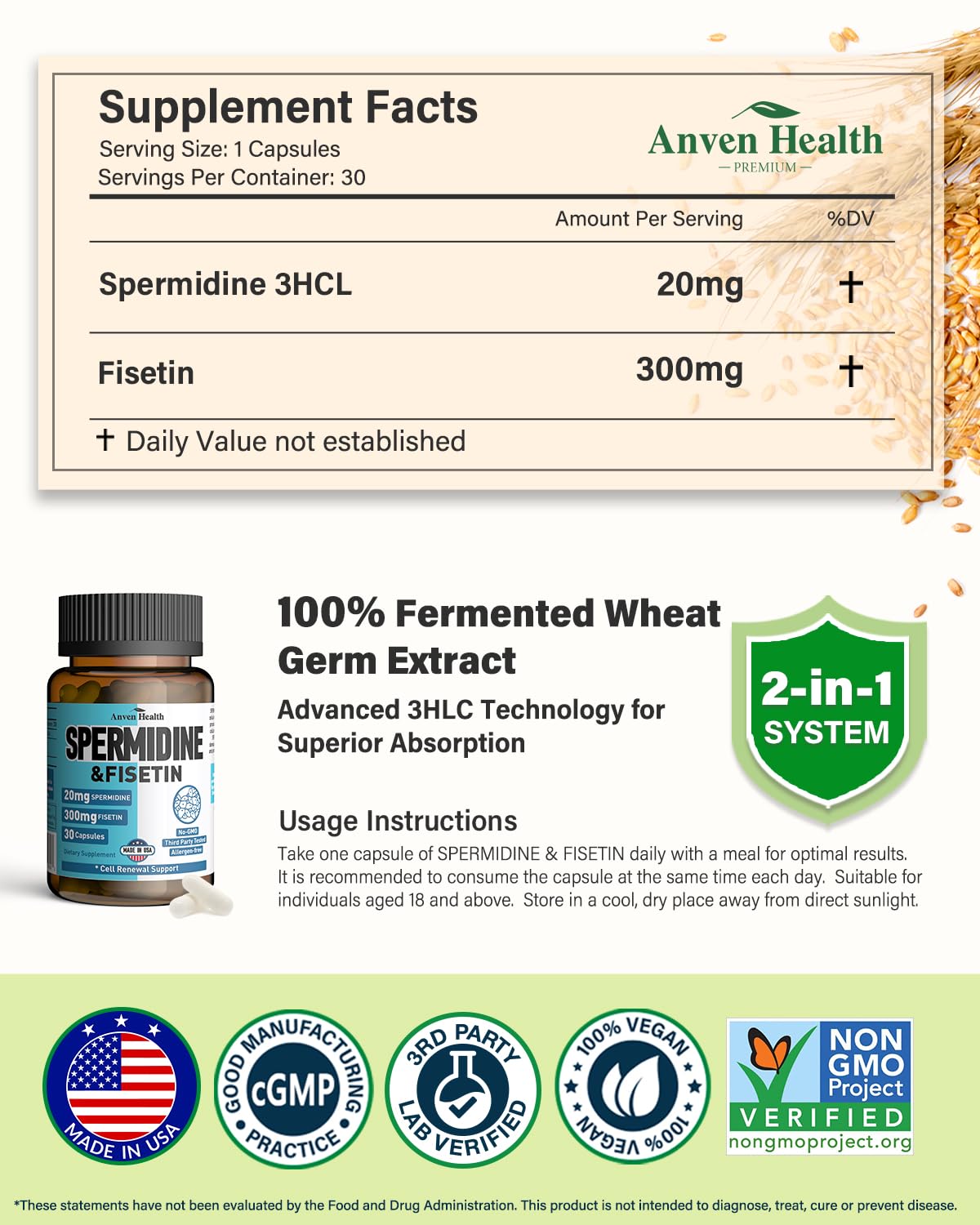 Anven Health Spermidine Fisetin capsules arranged for convenient daily use.
