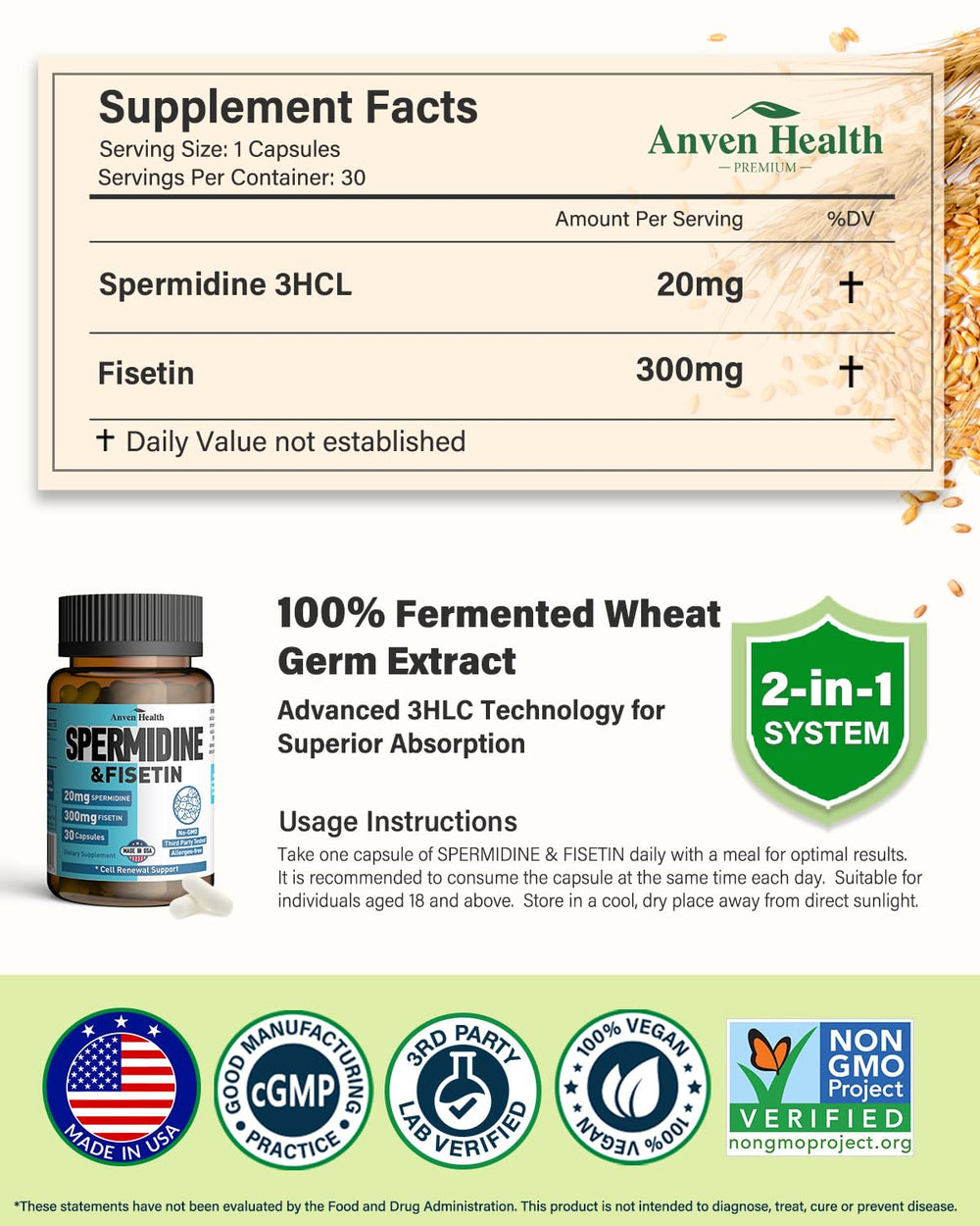 Anven Health Spermidine Fisetin capsules arranged for convenient daily use.
