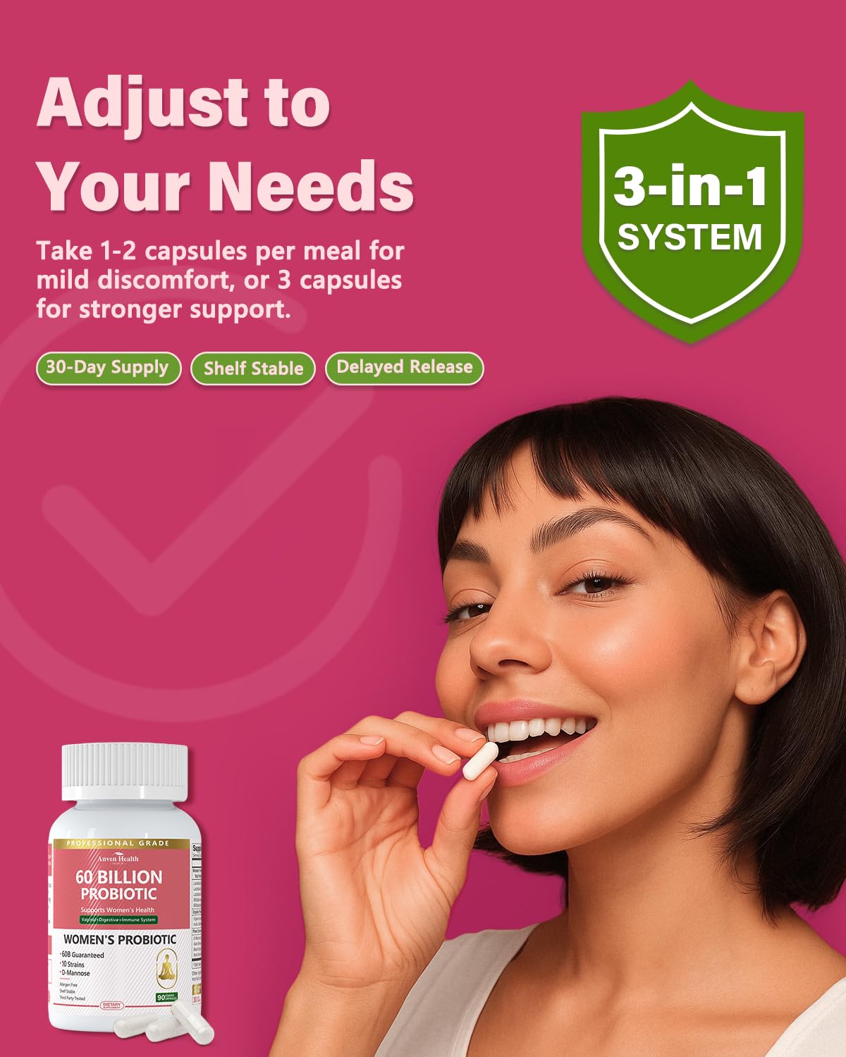 Woman taking Anven Health capsules for daily wellness routine.