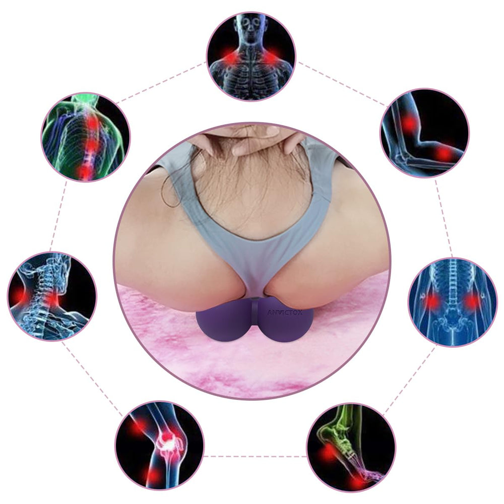 ANVICTOX peanut massage ball being used on back for tension release.