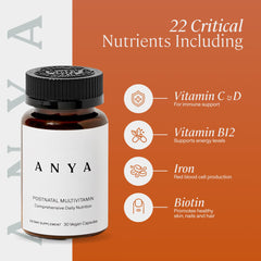 ANYA Postpartum Multivitamin capsules highlight a convenient daily mom’s supplement.