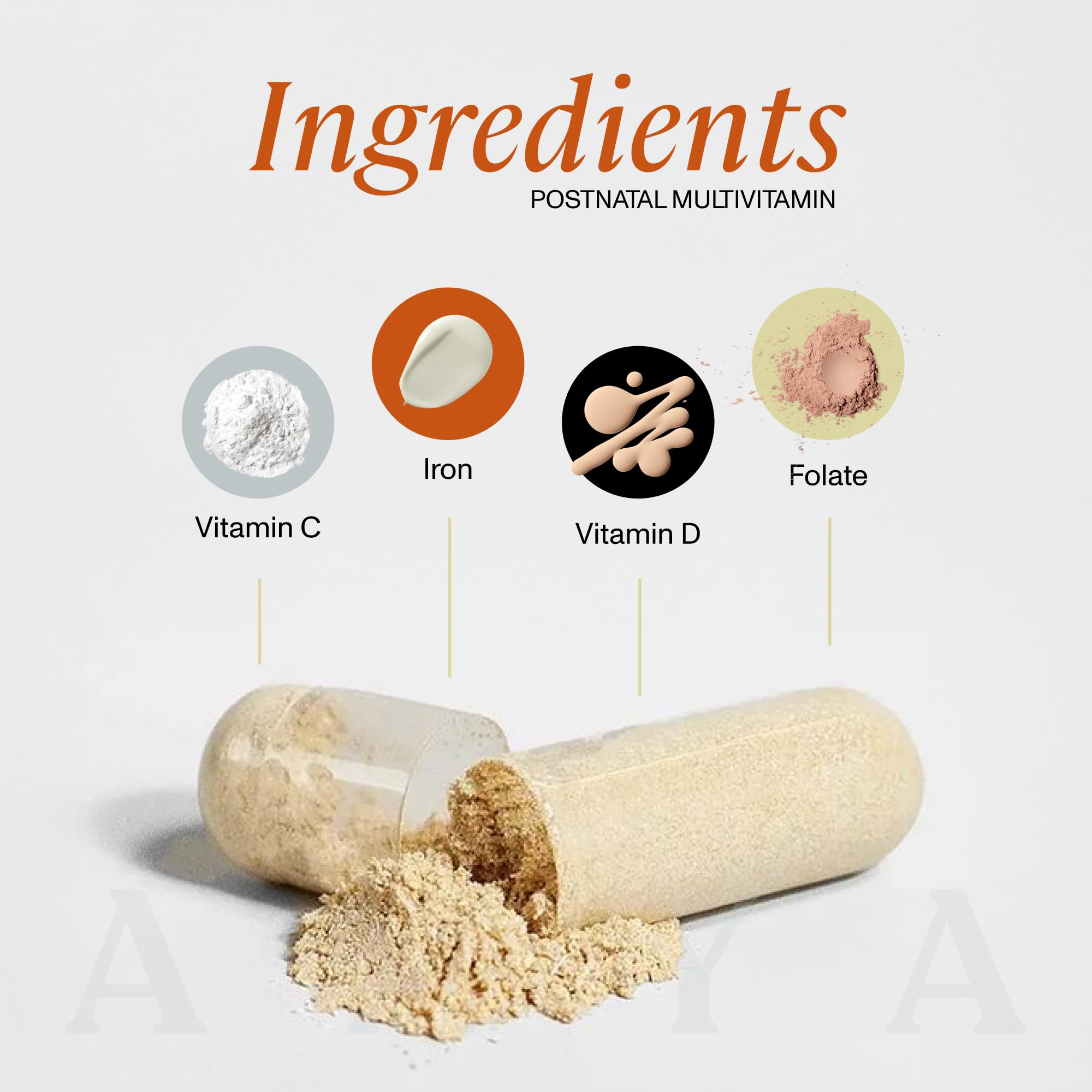 ANYA Postpartum Multivitamin label displaying key nutrients like B12 and D3.