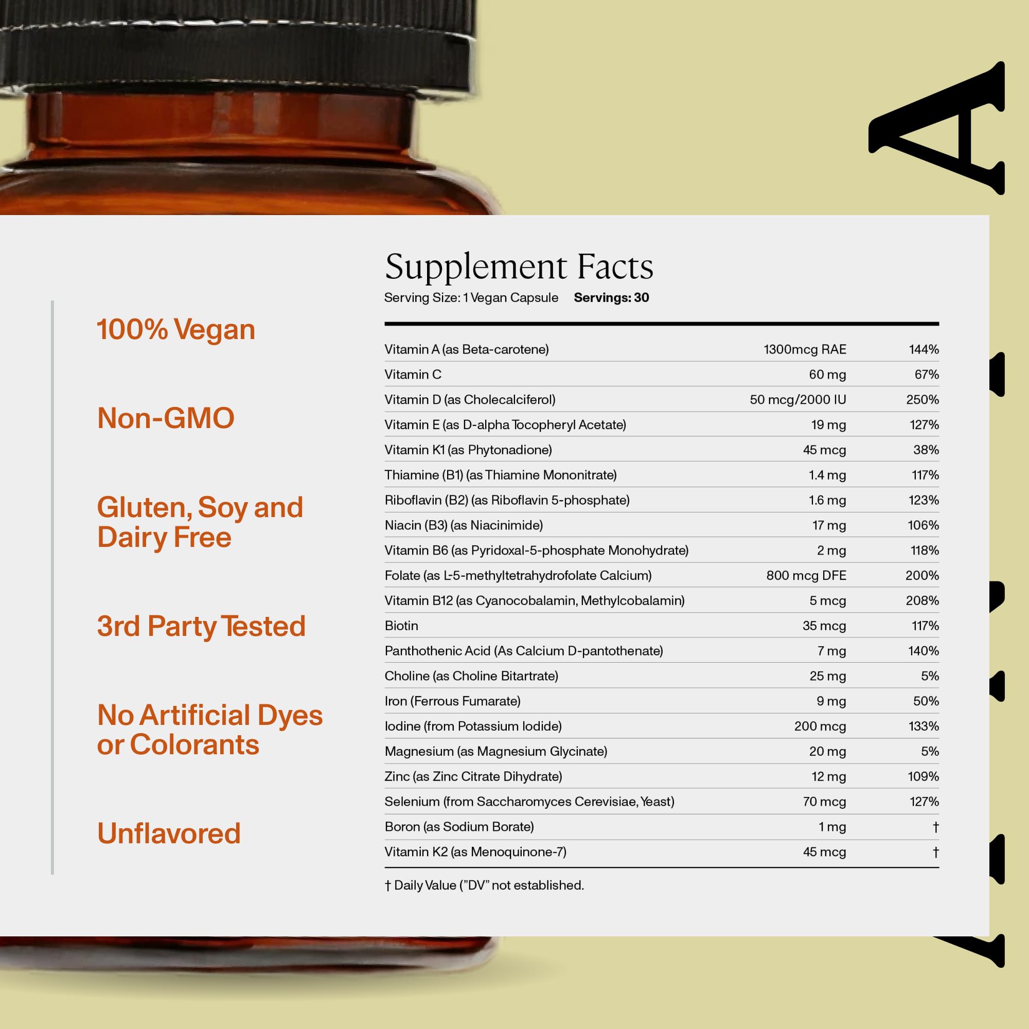 ANYA Postpartum Multivitamin packaging emphasizing gluten-free, allergen-free vitamins.