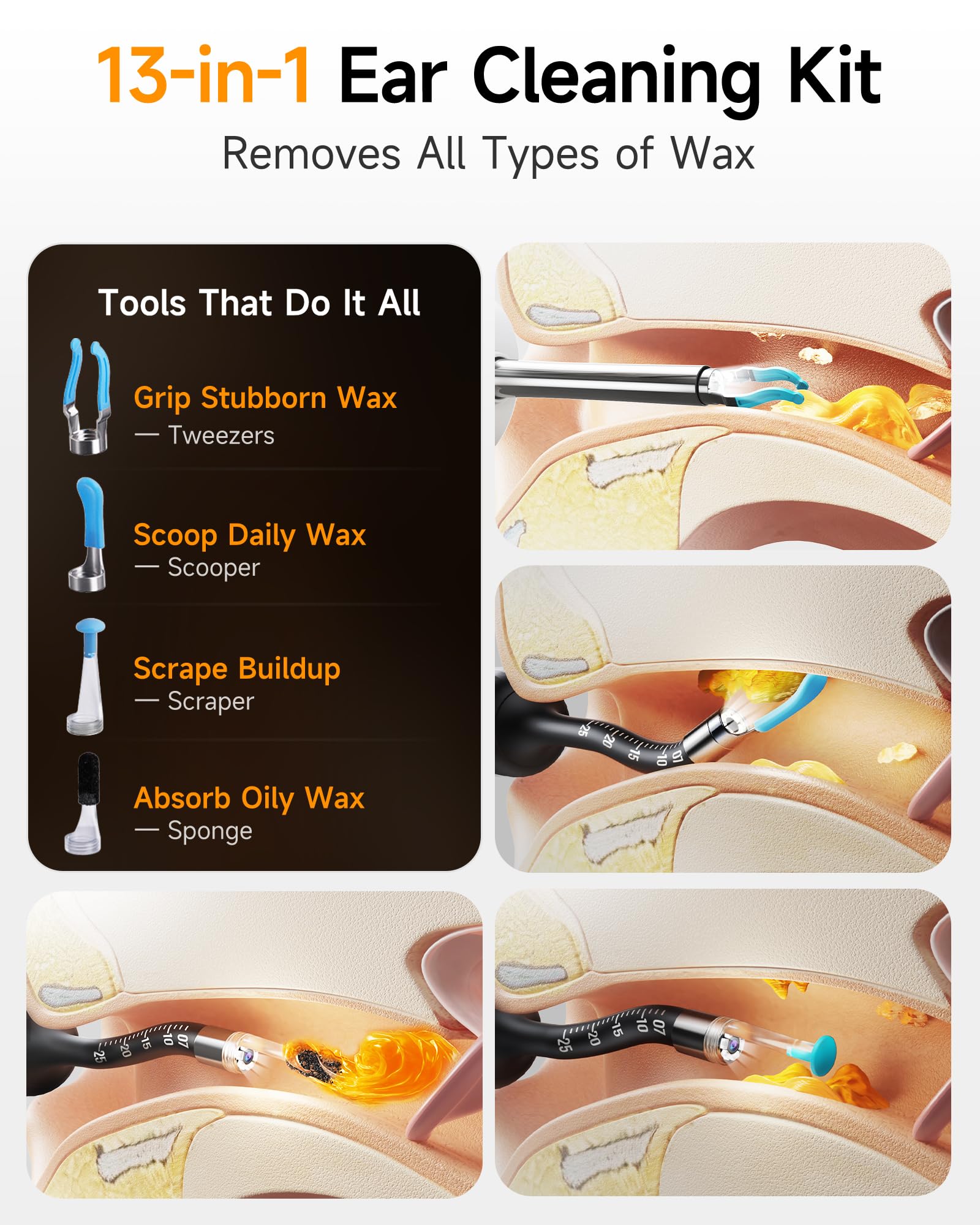 Anyear soft silicone ear scoop tip reduces discomfort during cleaning.