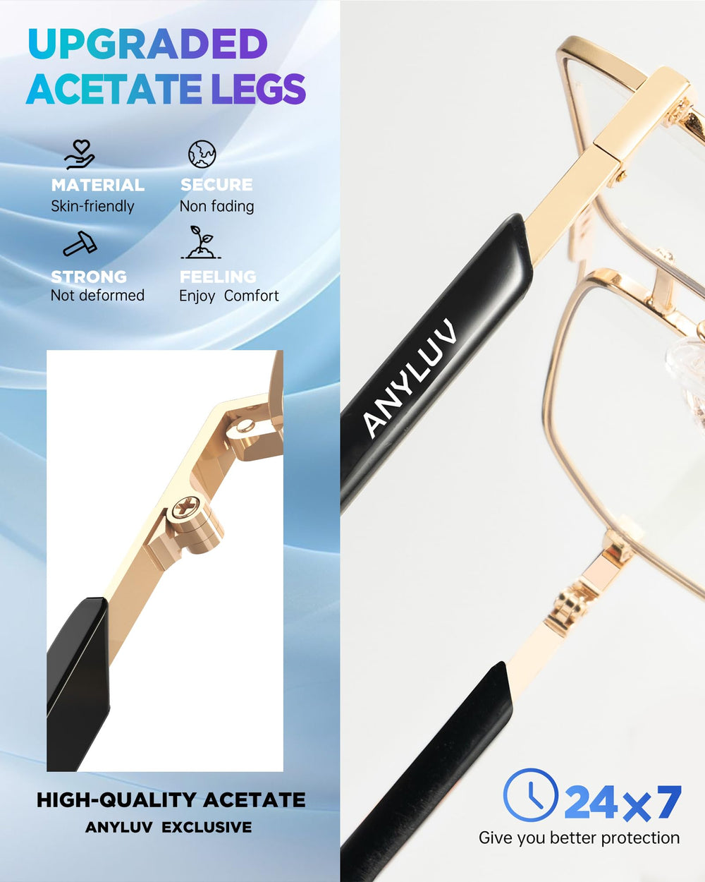 ANYLUV blue light glasses logo temple detail adds a fashionable touch.