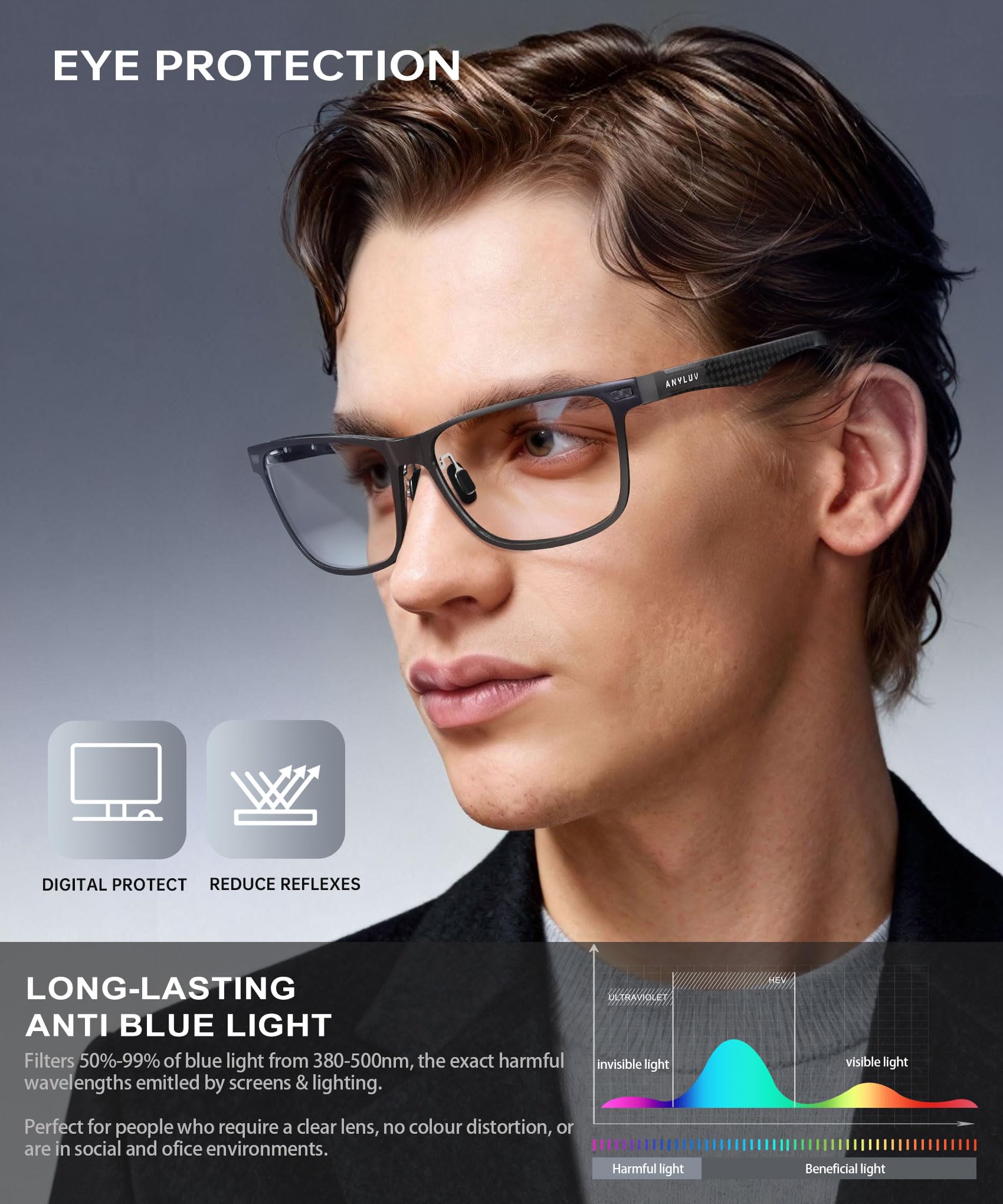 ANYLUV blue light glasses in sleek black design to match any outfit