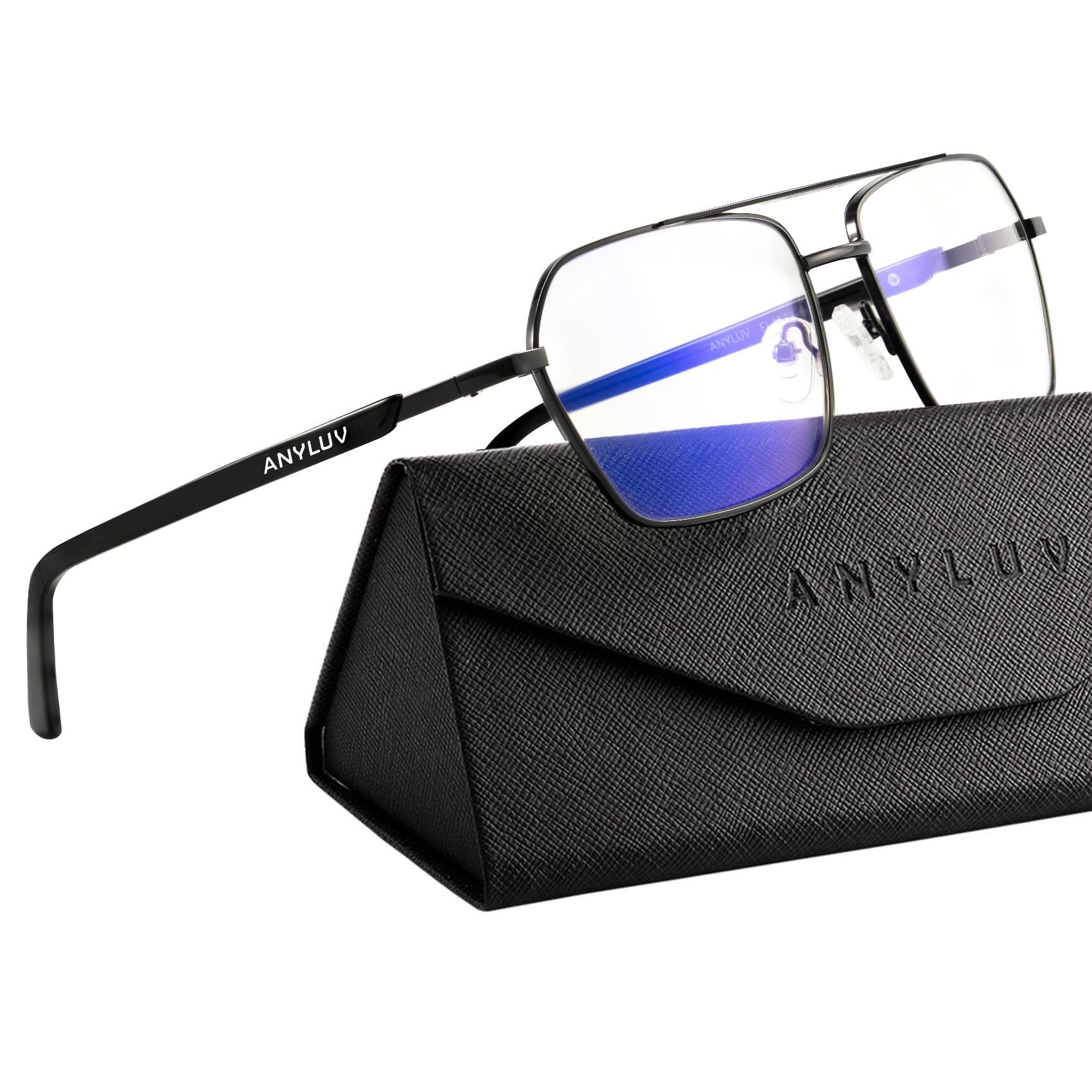 ANYLUV blue light glasses with square frame reduce eye strain during long screen time.