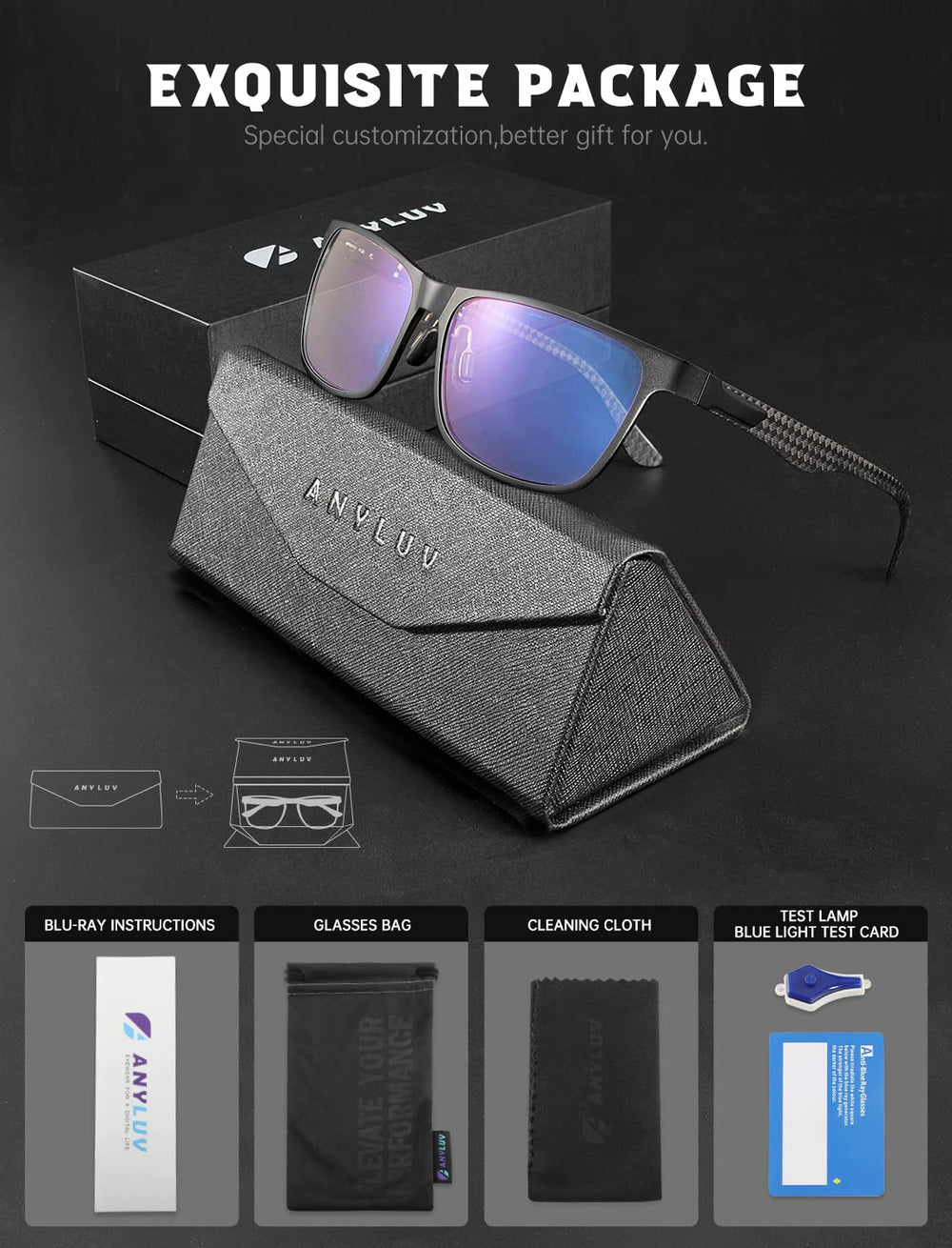 ANYLUV sleek blue light glasses with secure fit.