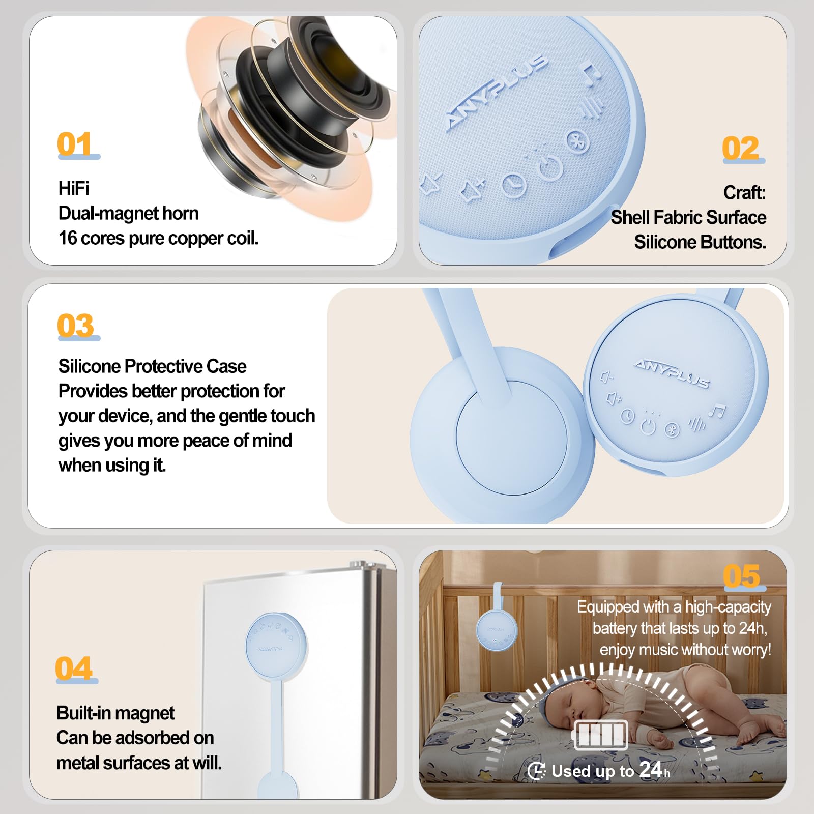 ANYPLUS display of 24 soothing sounds including white, pink, brown noise.