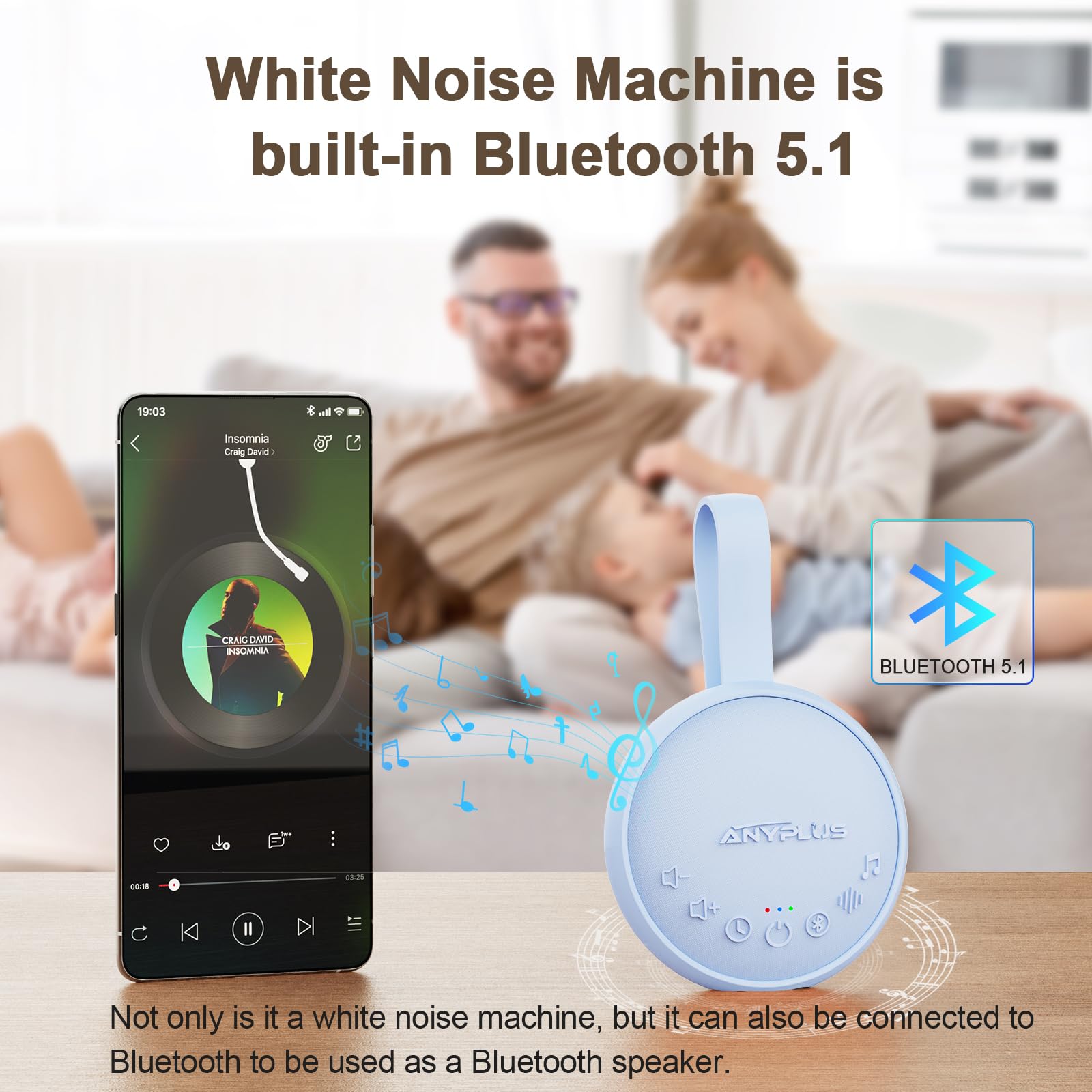 ANYPLUS Bluetooth 5.1 connection icon showing quick pairing for music.