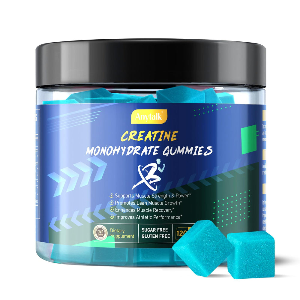 ANYTALK Creatine Monohydrate Gummies bottle for convenient muscle support during workouts.